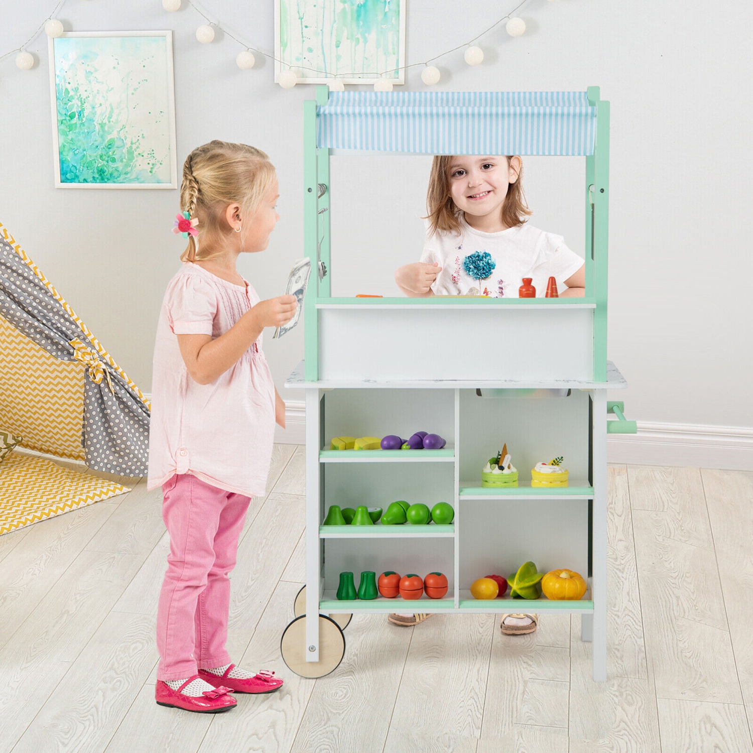 Gymax Double-Sided Pretend Play Kitchen Kids Wooden Grocery Stand w/ Remote Control