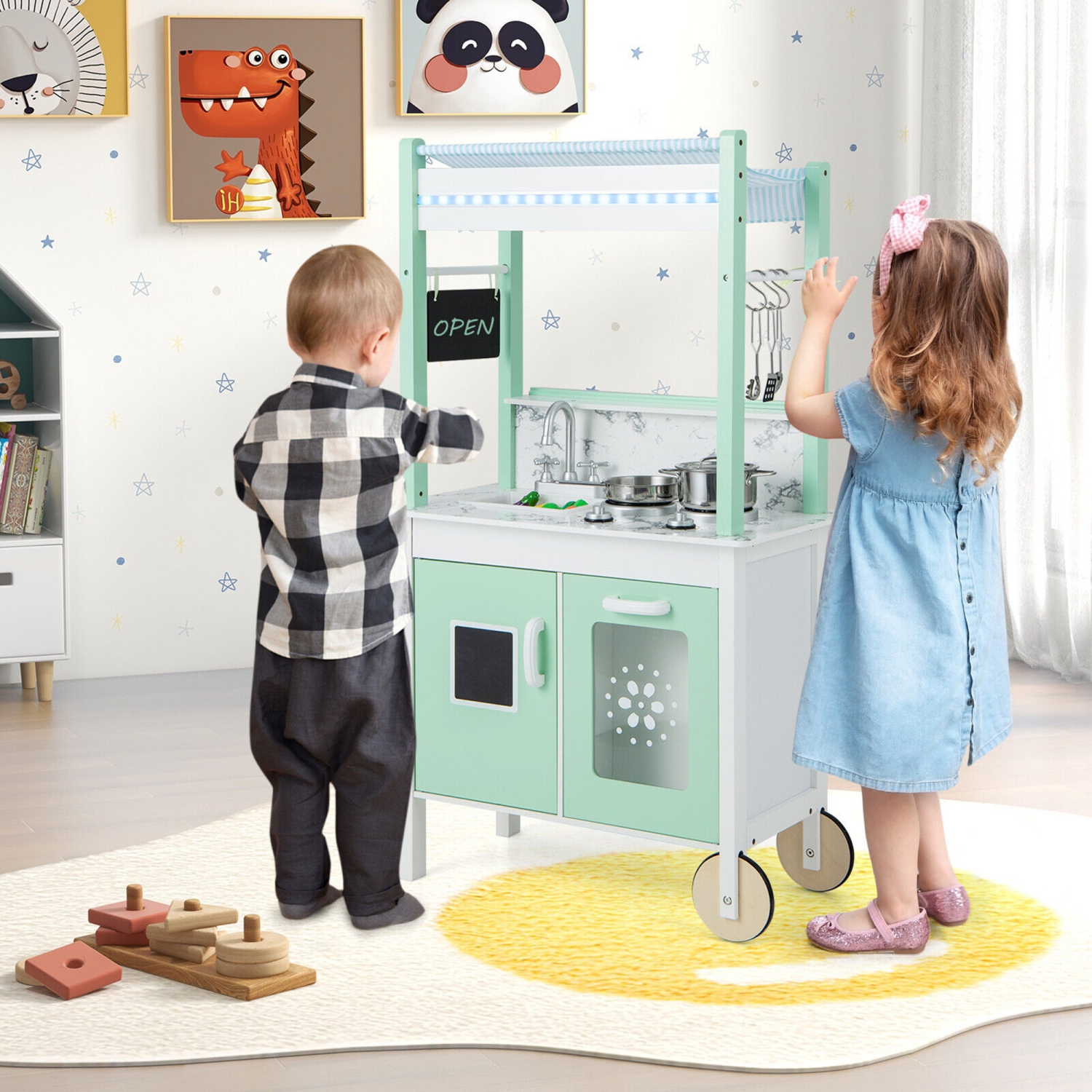 Gymax Double-Sided Pretend Play Kitchen Kids Wooden Grocery Stand w/ Remote Control