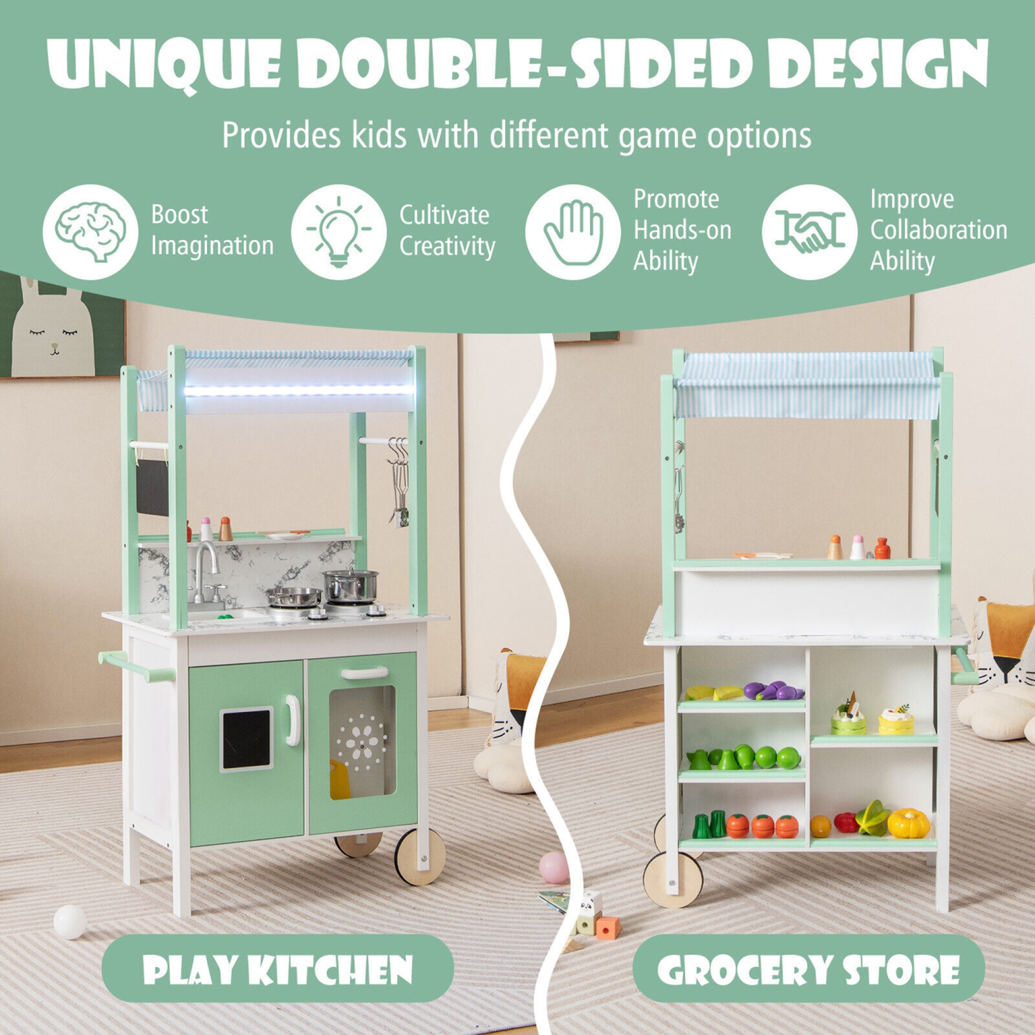 Gymax Double-Sided Pretend Play Kitchen Kids Wooden Grocery Stand w/ Remote Control