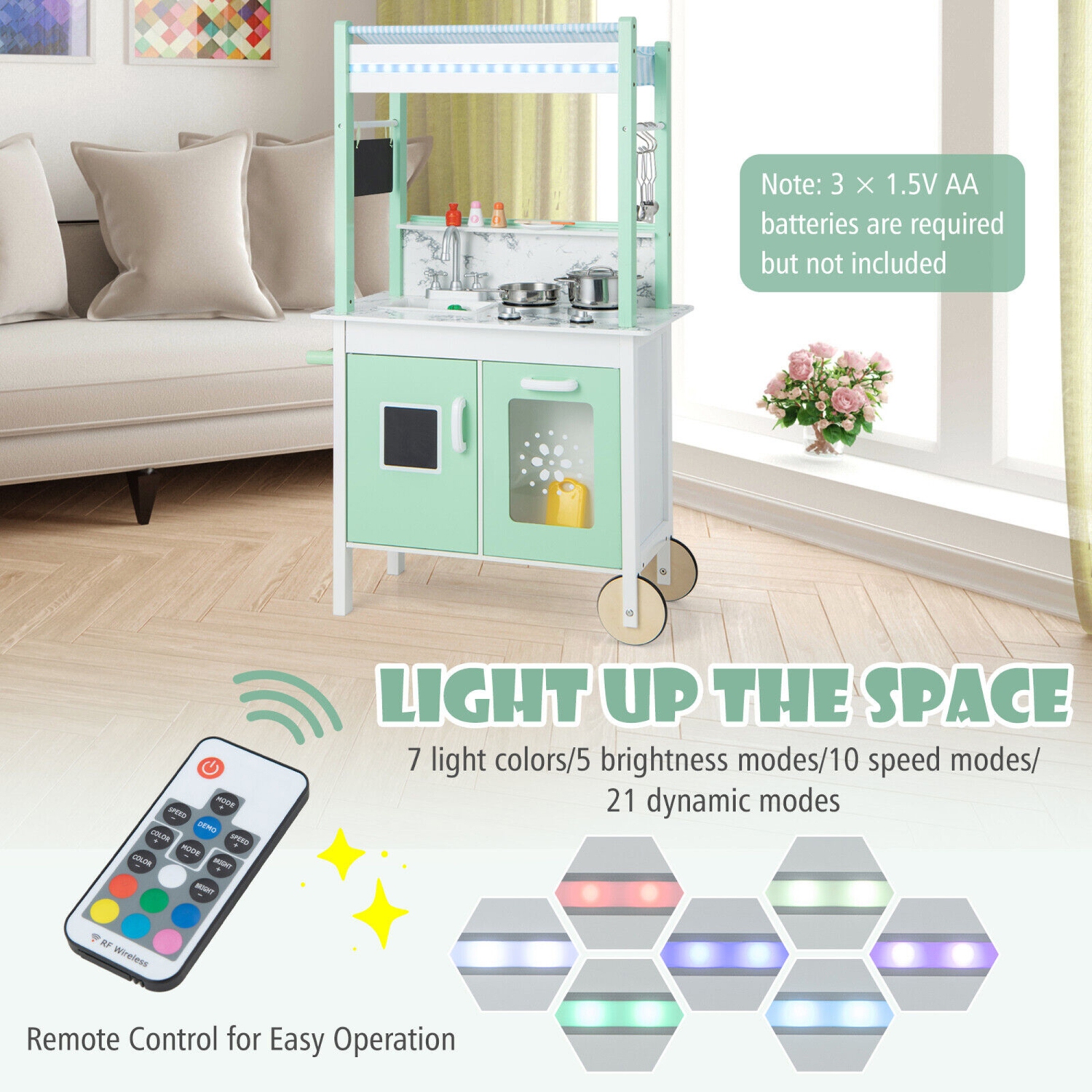 Gymax Double-Sided Pretend Play Kitchen Kids Wooden Grocery Stand w/ Remote Control