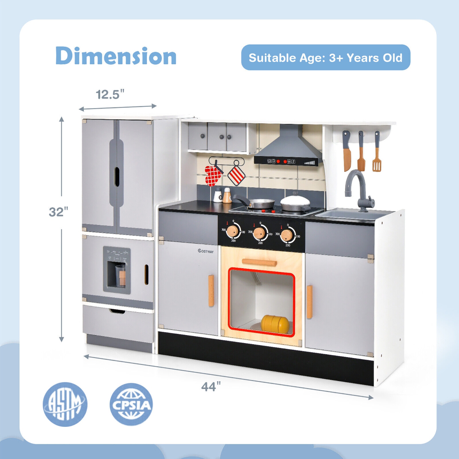 Gymax Kids Wooden Pretend Play Kitchen Toddlers Toy with Refrigerator & Accessories