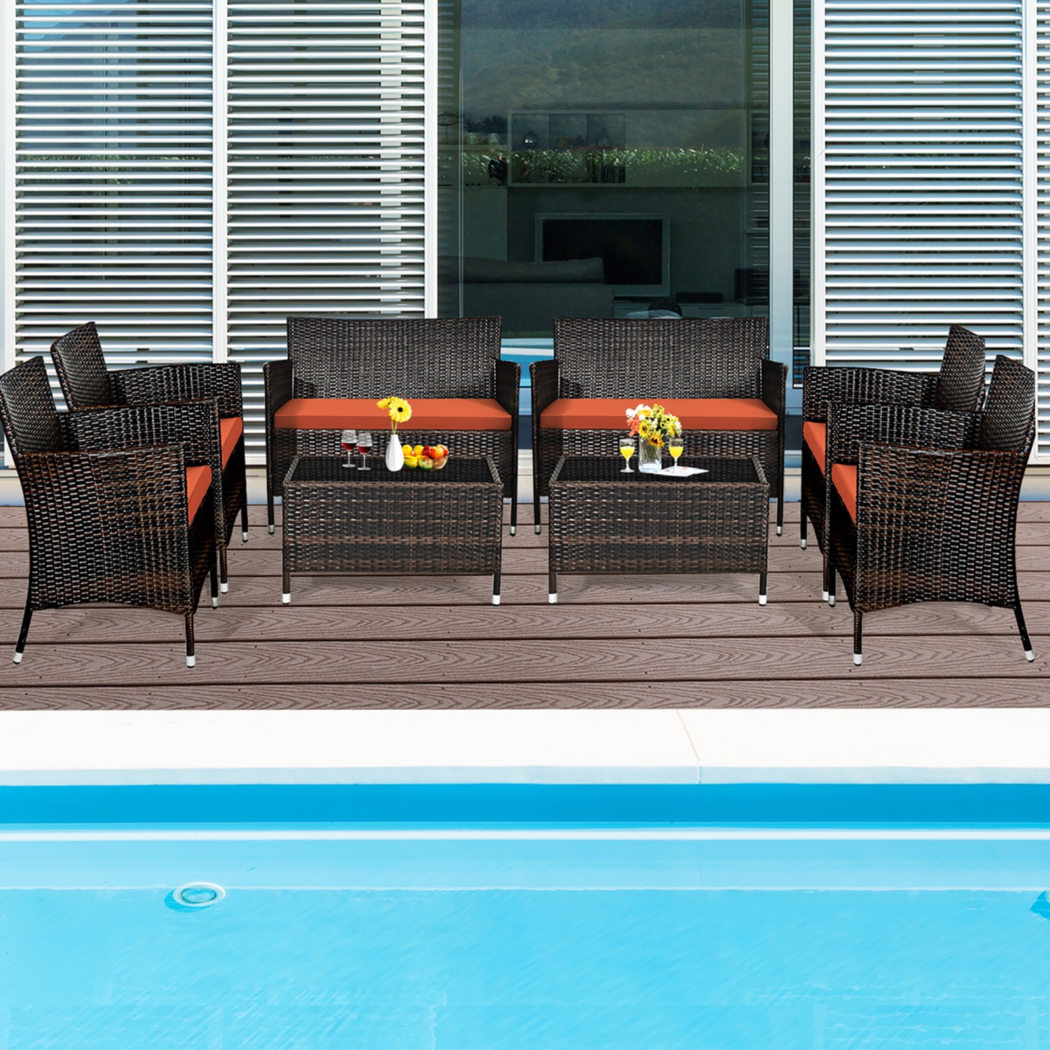 Gymax 8PCS Patio Rattan Conversation Furniture Set Outdoor w/ Orange Cushion