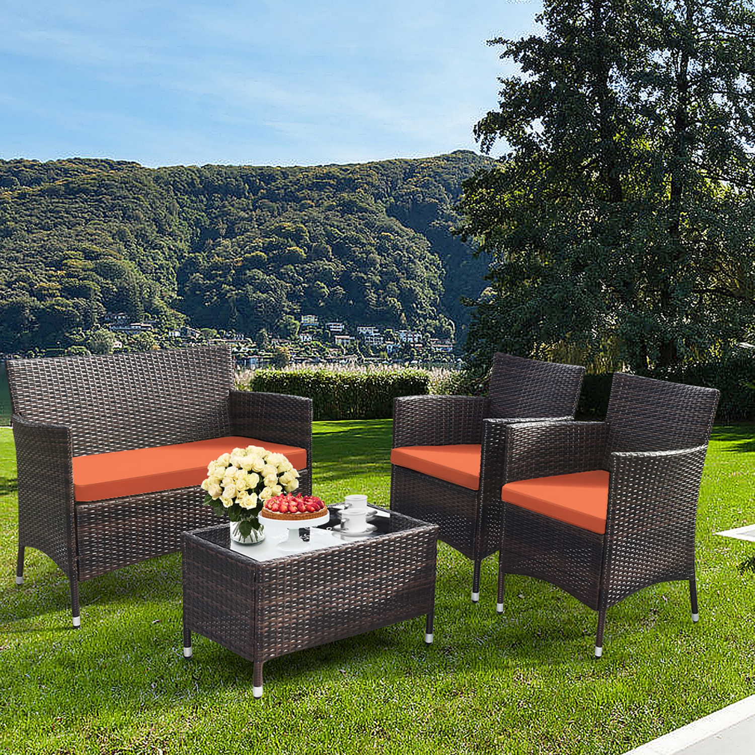 Gymax 8PCS Patio Rattan Conversation Furniture Set Outdoor w/ Orange Cushion