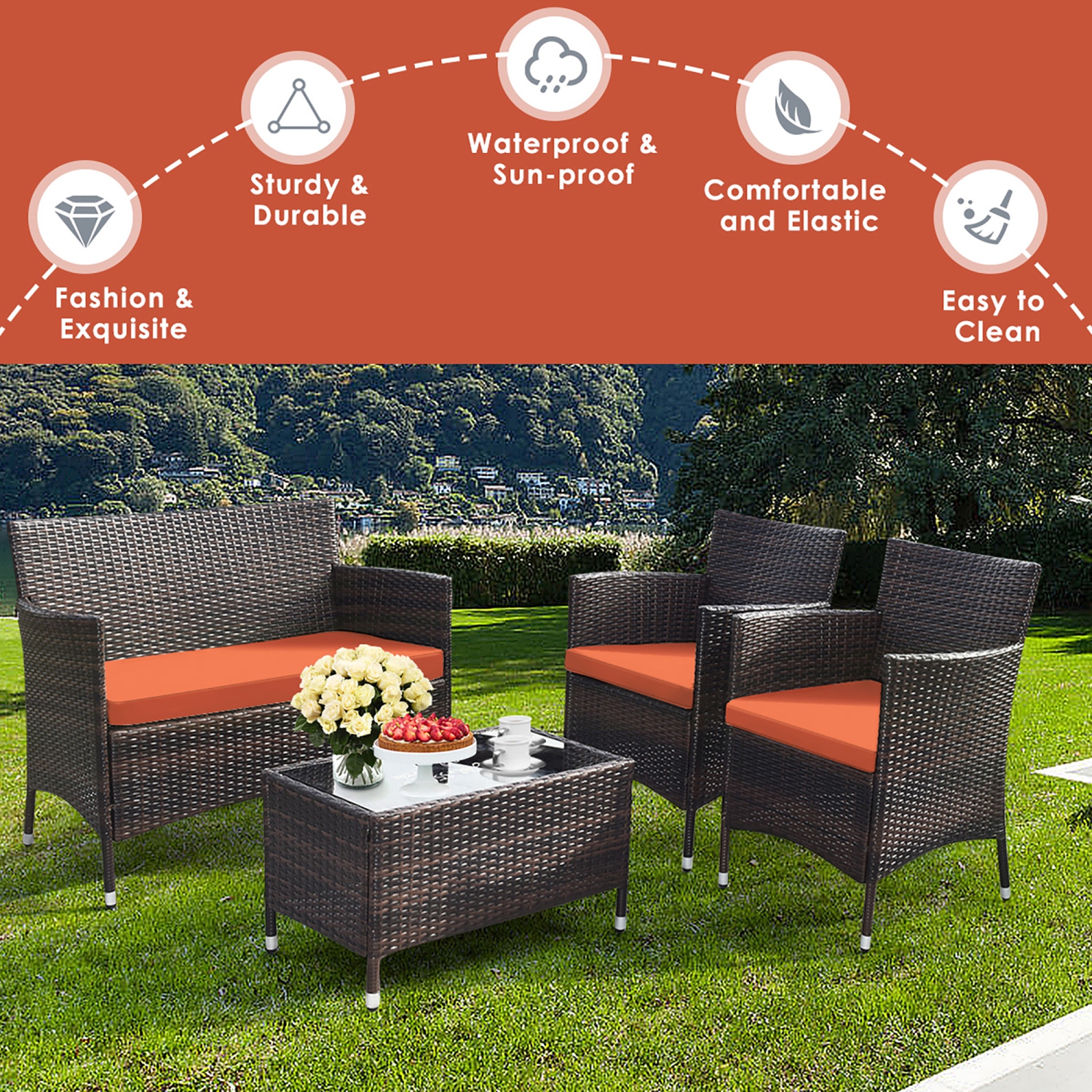 Gymax 8PCS Patio Rattan Conversation Furniture Set Outdoor w/ Orange Cushion