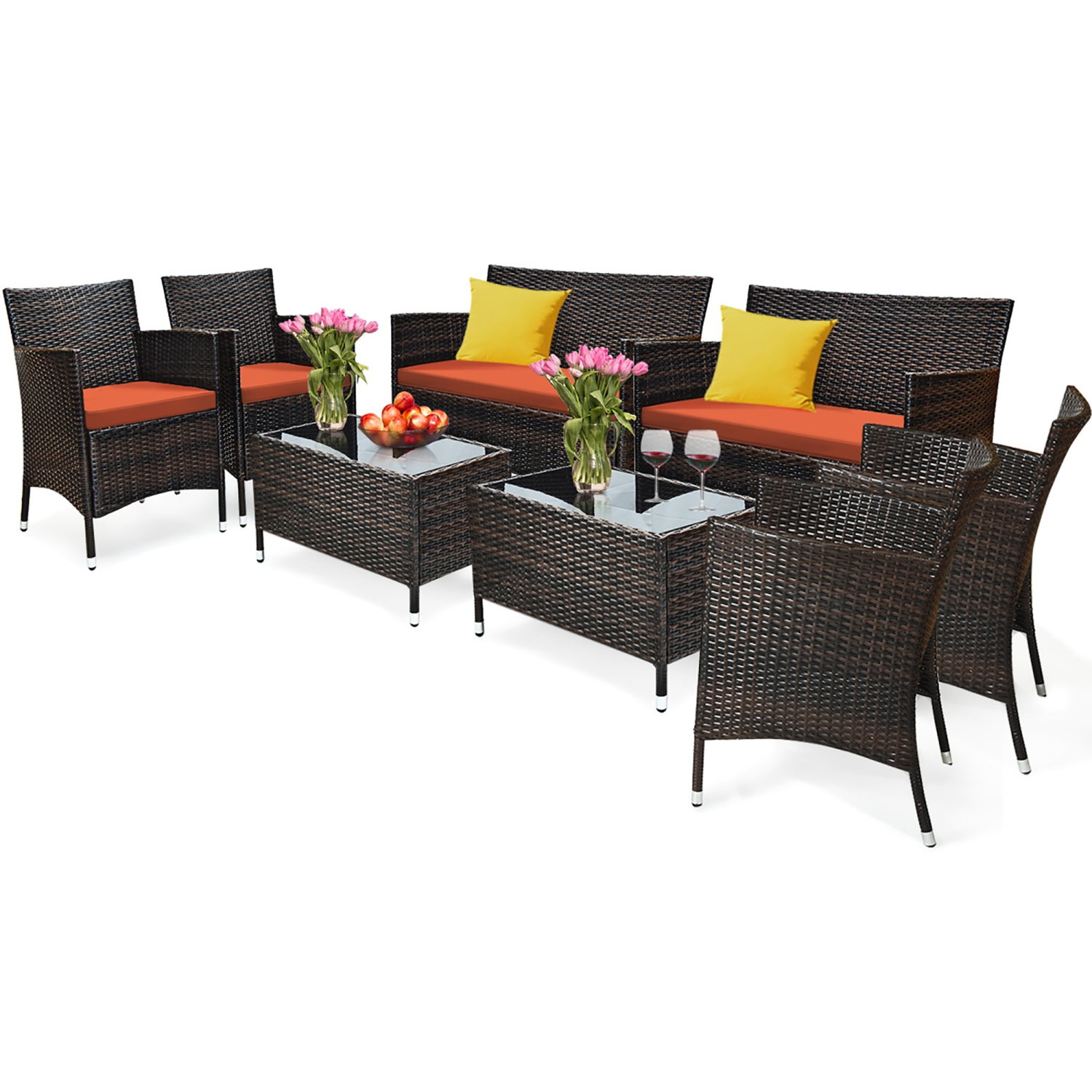 Gymax 8PCS Patio Rattan Conversation Furniture Set Outdoor w/ Orange Cushion