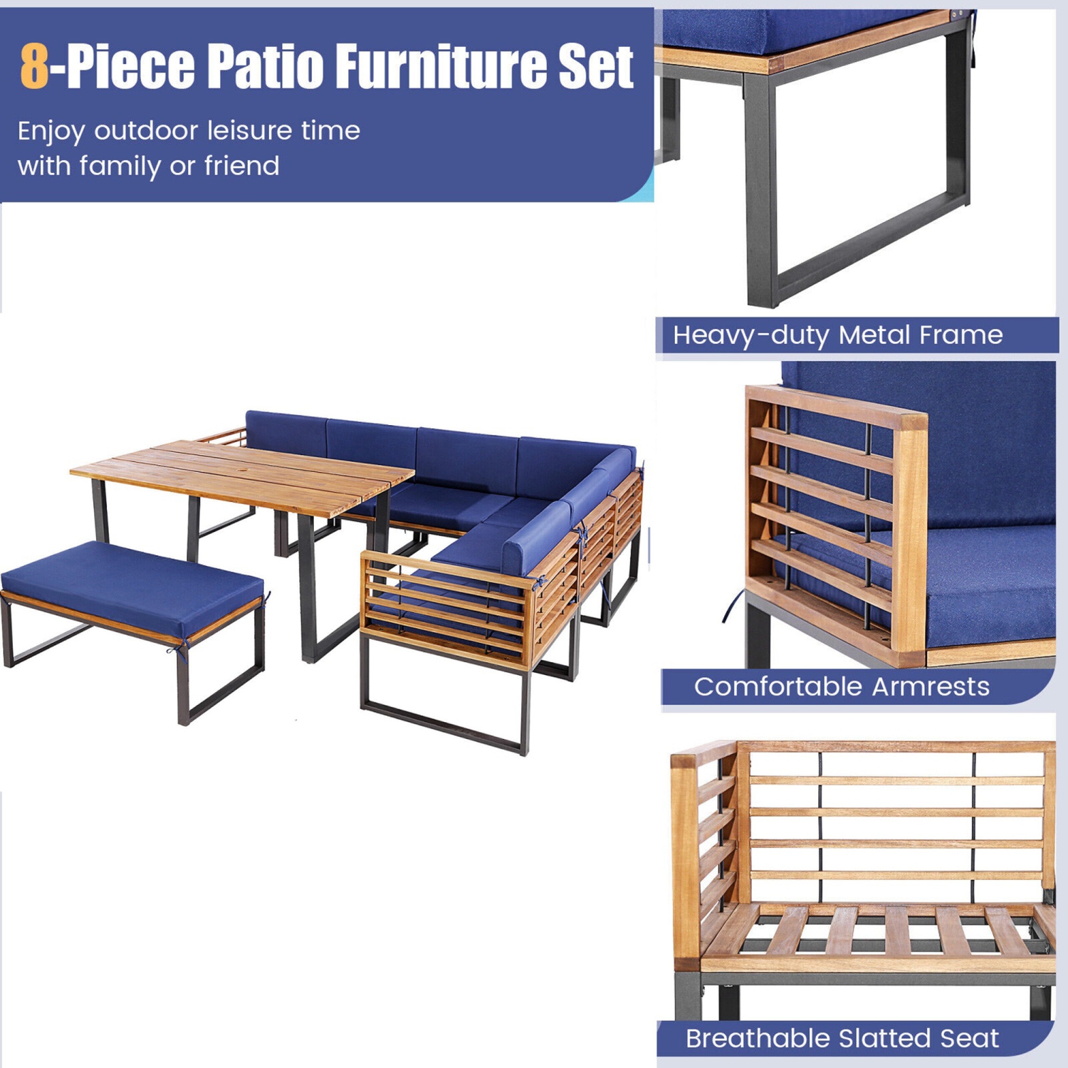 Gymax 8PCS Patio Dining Set Acacia Wood L Shaped Sectional Sofa Set w/ Navy Cushions