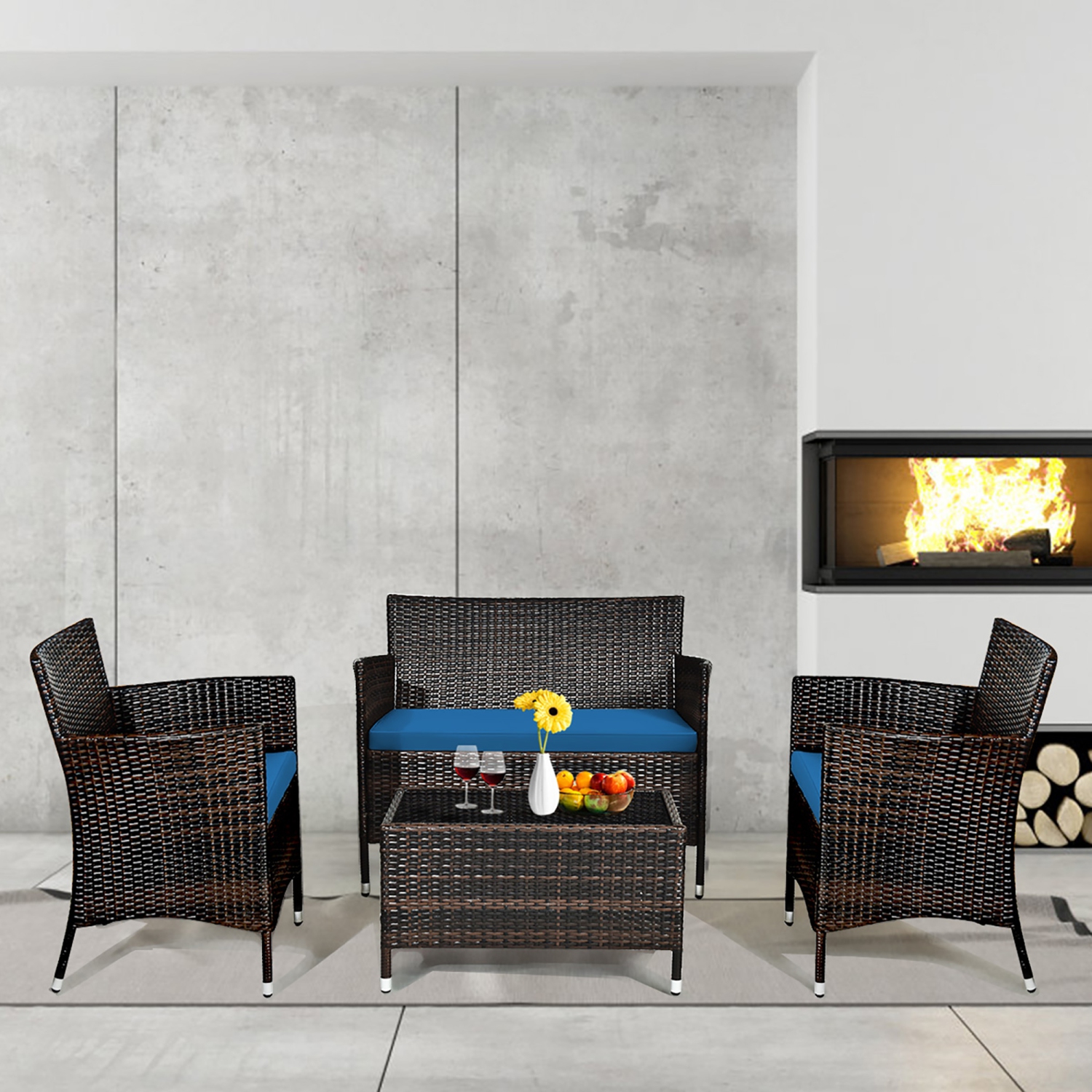 Gymax 4PCS Patio Rattan Conversation Furniture Set Outdoor w/ Peacock Blue Cushion