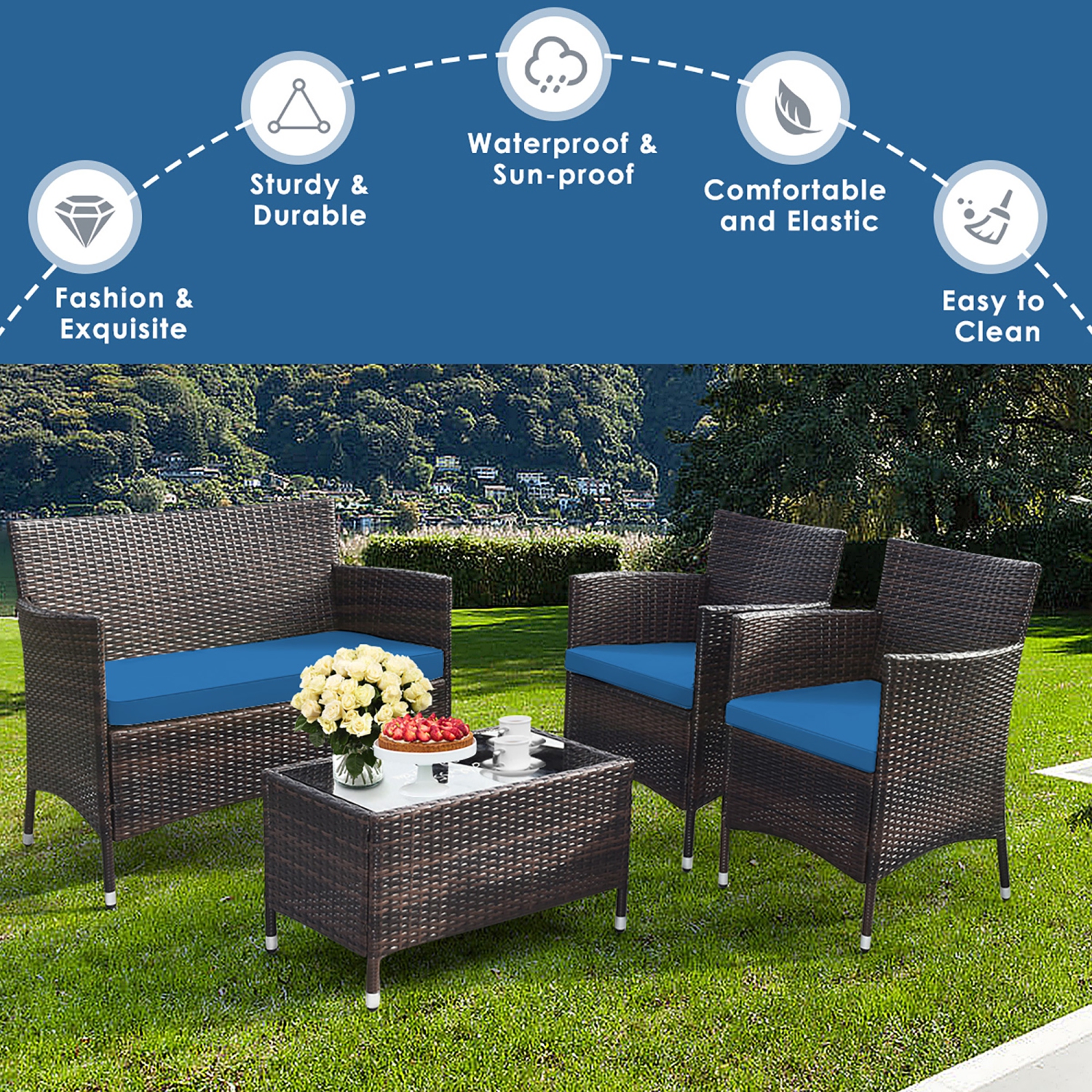 Gymax 4PCS Patio Rattan Conversation Furniture Set Outdoor w/ Peacock Blue Cushion