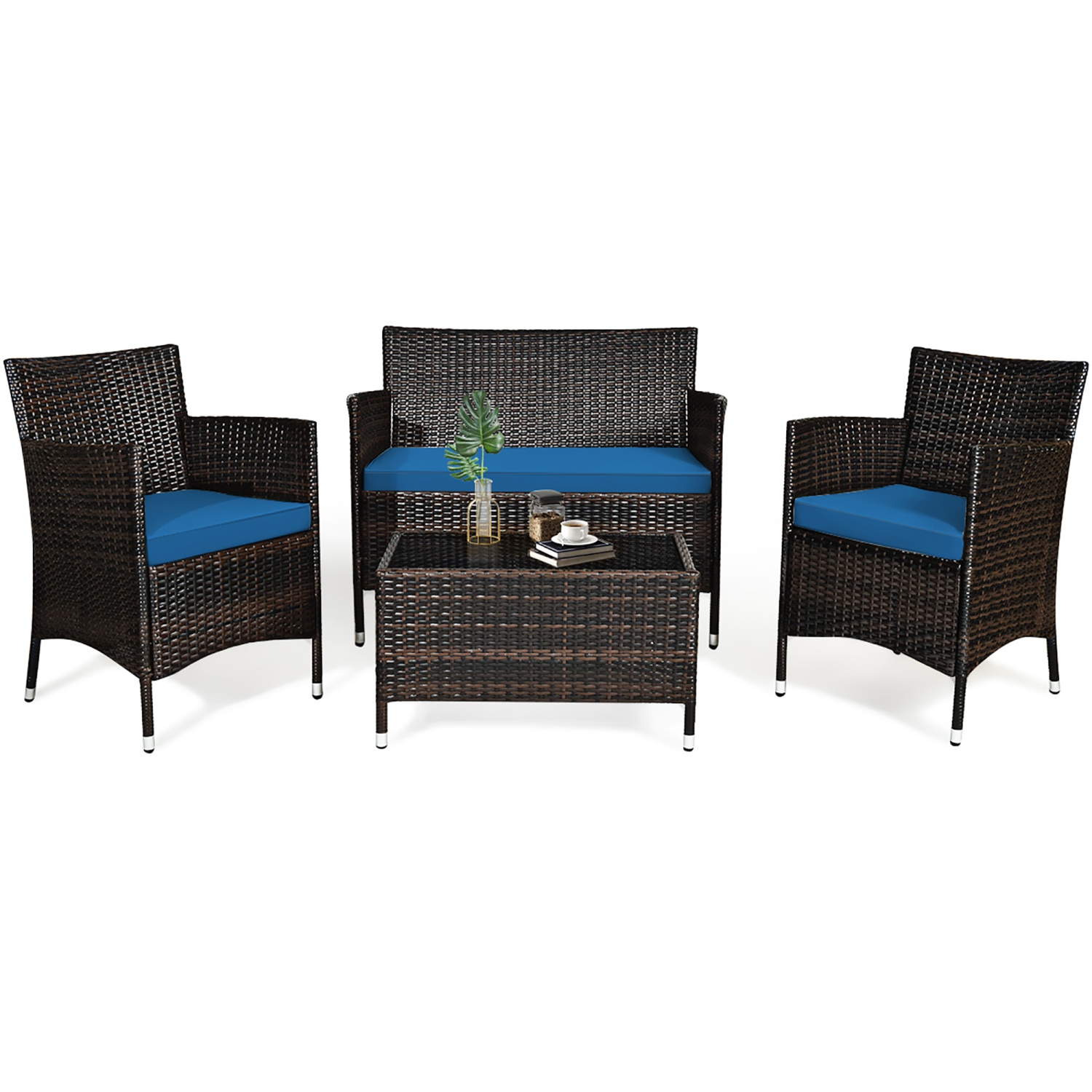 Gymax 4PCS Patio Rattan Conversation Furniture Set Outdoor w/ Peacock Blue Cushion