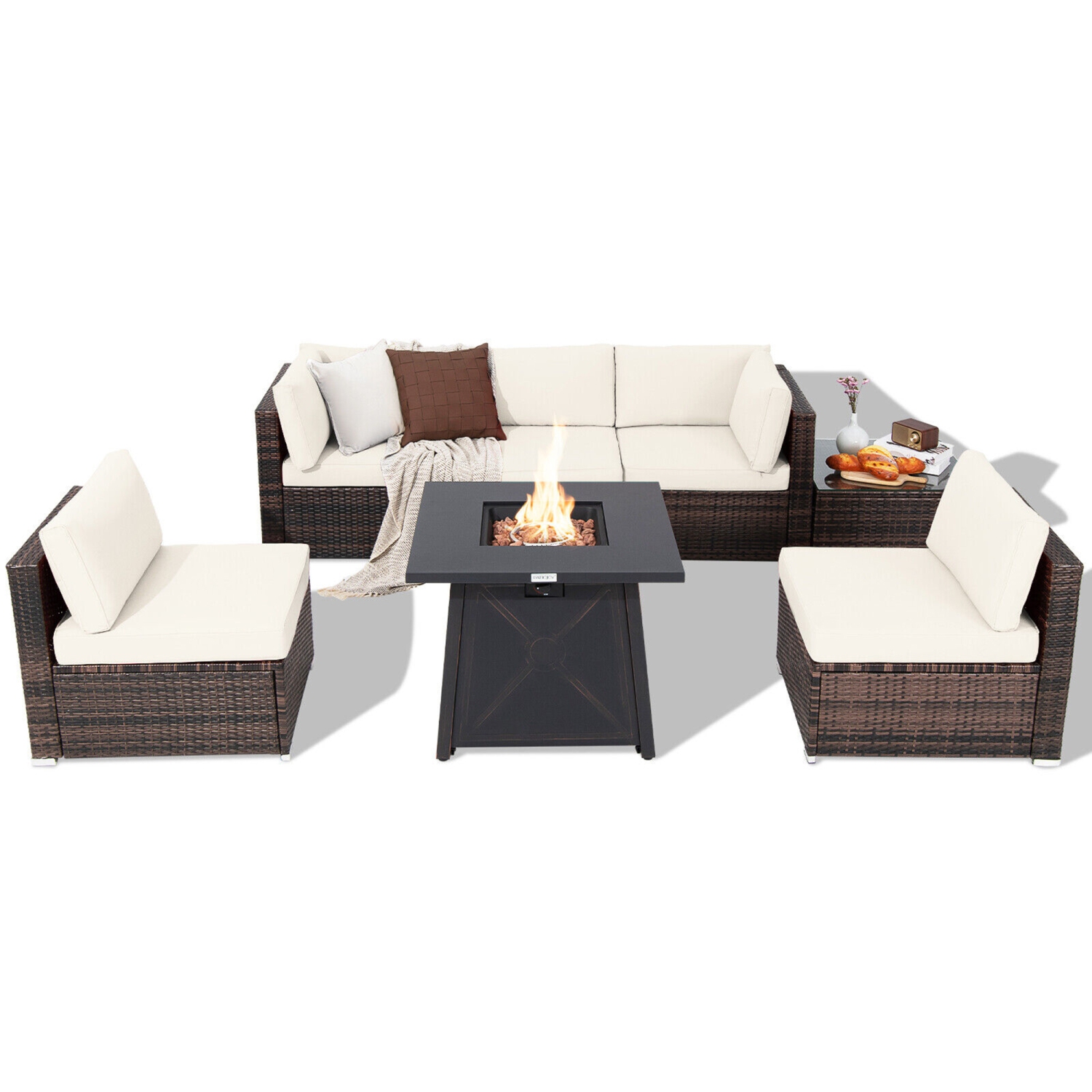 Gymax 7PCS Rattan Patio Sectional Furniture Set w/ 30'' Fire Pit Table & Cushion