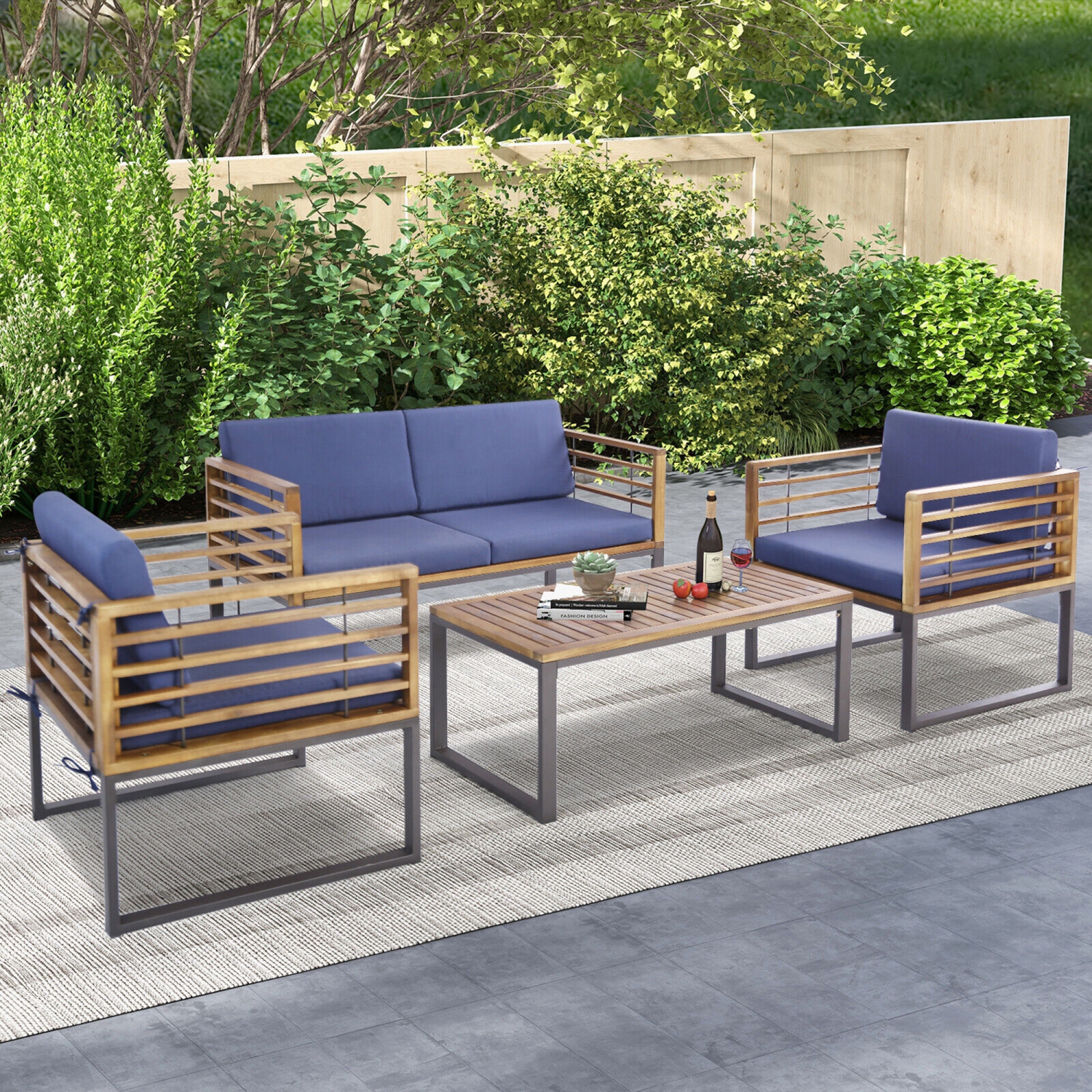 Gymax 4PCS Acacia Wood Patio Conversation Set?Outdoor Furniture Set w/ Navy Cushions