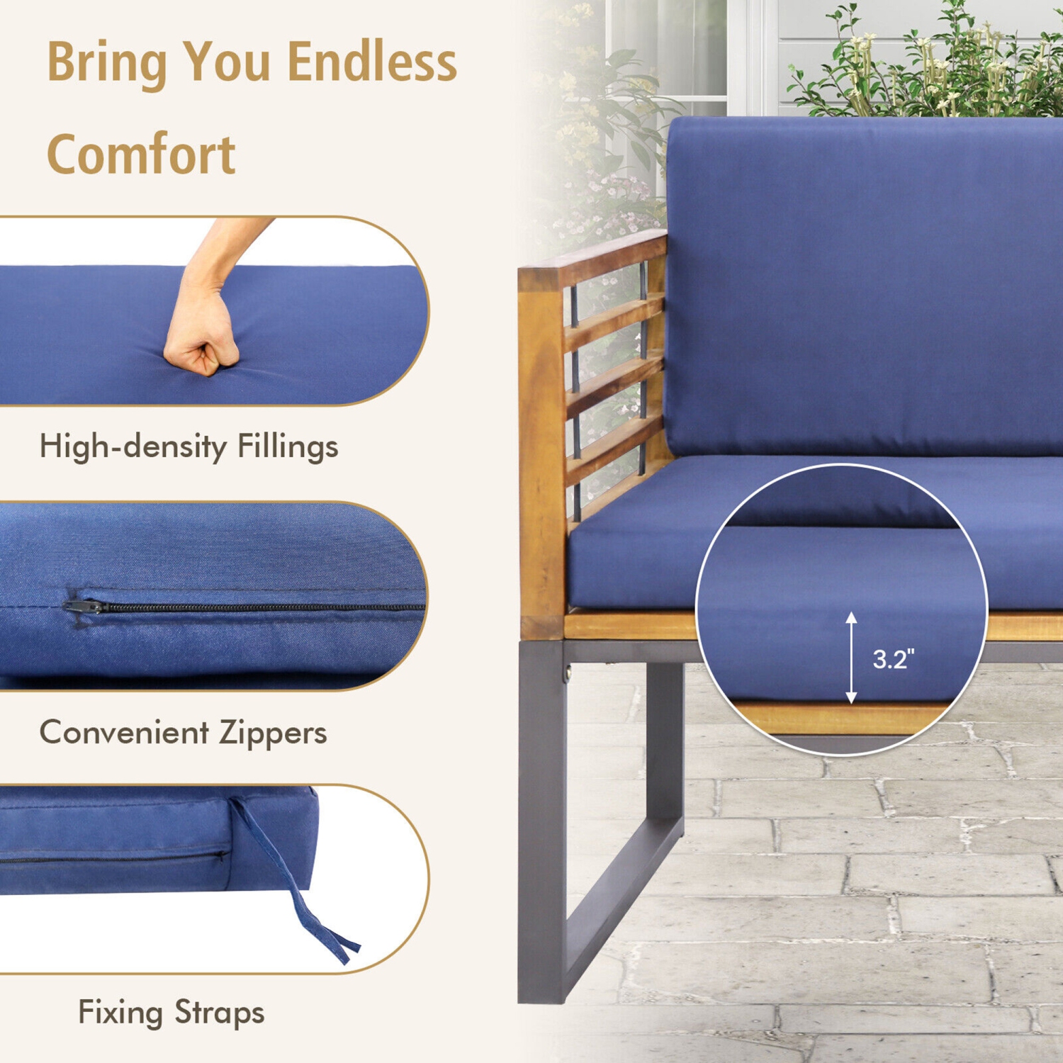 Gymax 4PCS Acacia Wood Patio Conversation Set?Outdoor Furniture Set w/ Navy Cushions