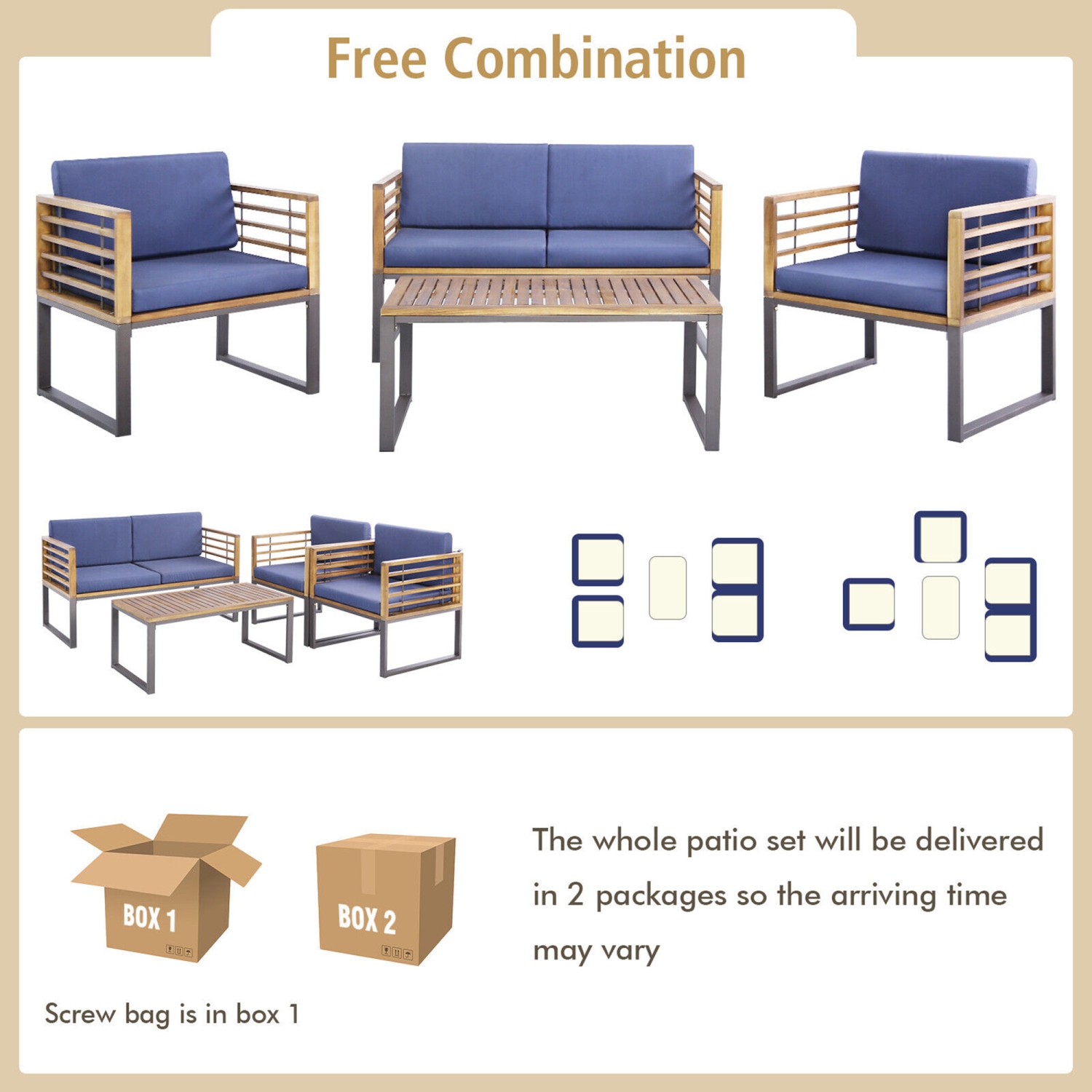 Gymax 4PCS Acacia Wood Patio Conversation Set?Outdoor Furniture Set w/ Navy Cushions