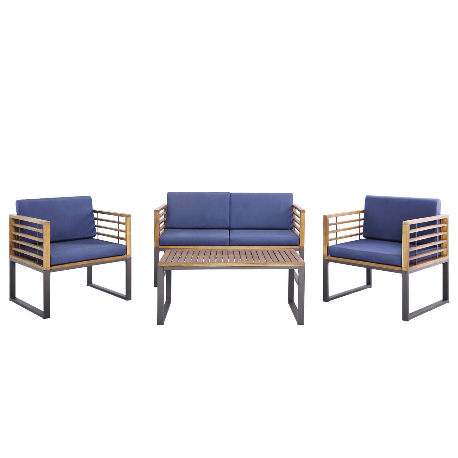 Gymax 4PCS Acacia Wood Patio Conversation Set?Outdoor Furniture Set w/ Navy Cushions