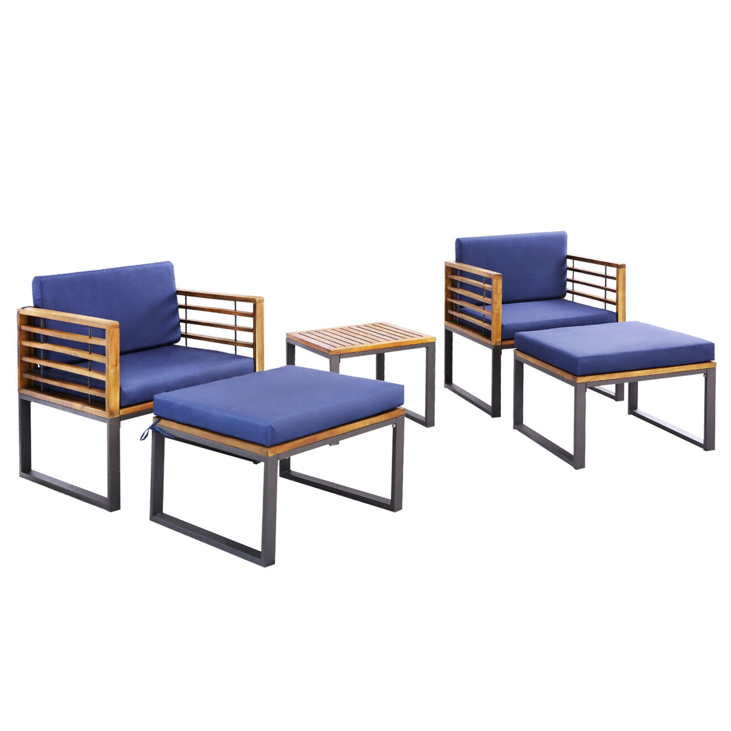 Gymax 5PCS Patio Acacia Wood Chair & Ottoman Set Outdoor Furniture Set w/ Navy Cushions