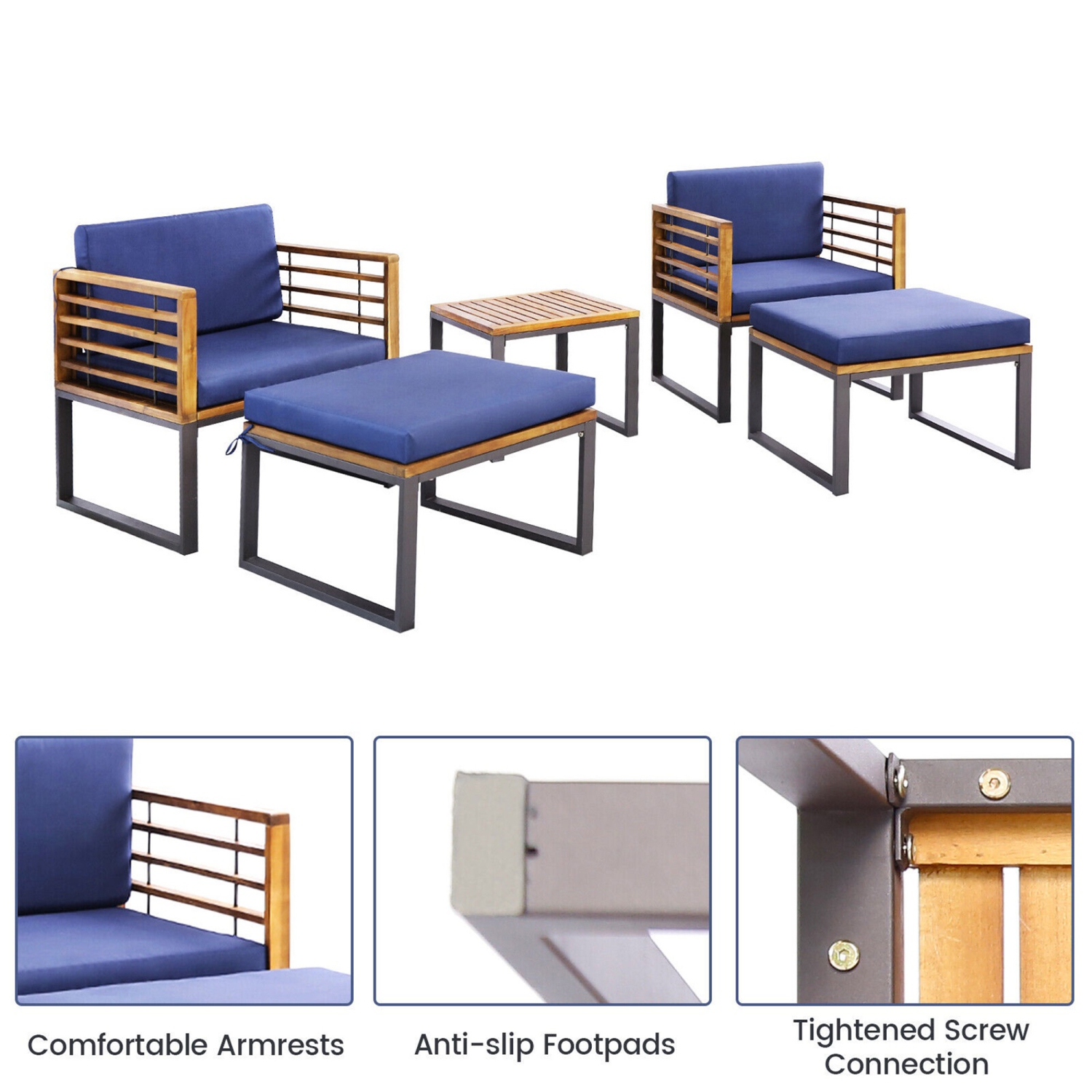 Gymax 5PCS Patio Acacia Wood Chair & Ottoman Set Outdoor Furniture Set w/ Navy Cushions