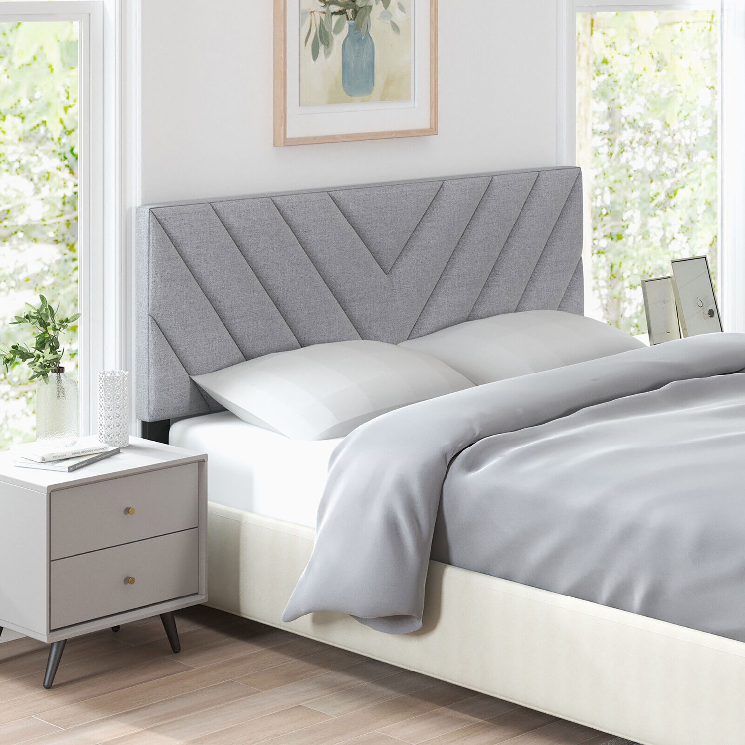 Gymax Linen Fabric Upholstered Headboard Rectangular Headboard w/ Solid Wood Legs