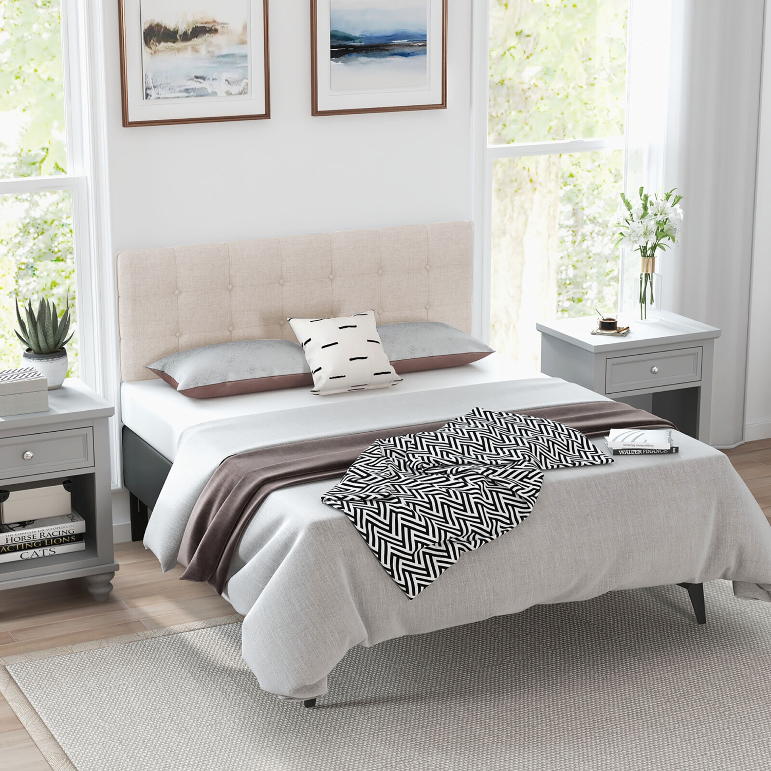 Gymax Full/Queen Size Headboard Linen Fabric Upholstered Button Tufted Solid Wood Leg