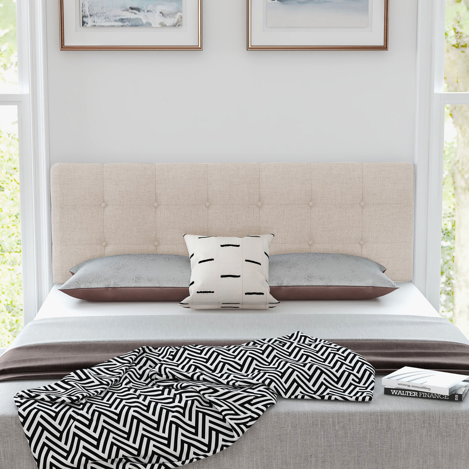 Gymax Full/Queen Size Headboard Linen Fabric Upholstered Button Tufted Solid Wood Leg