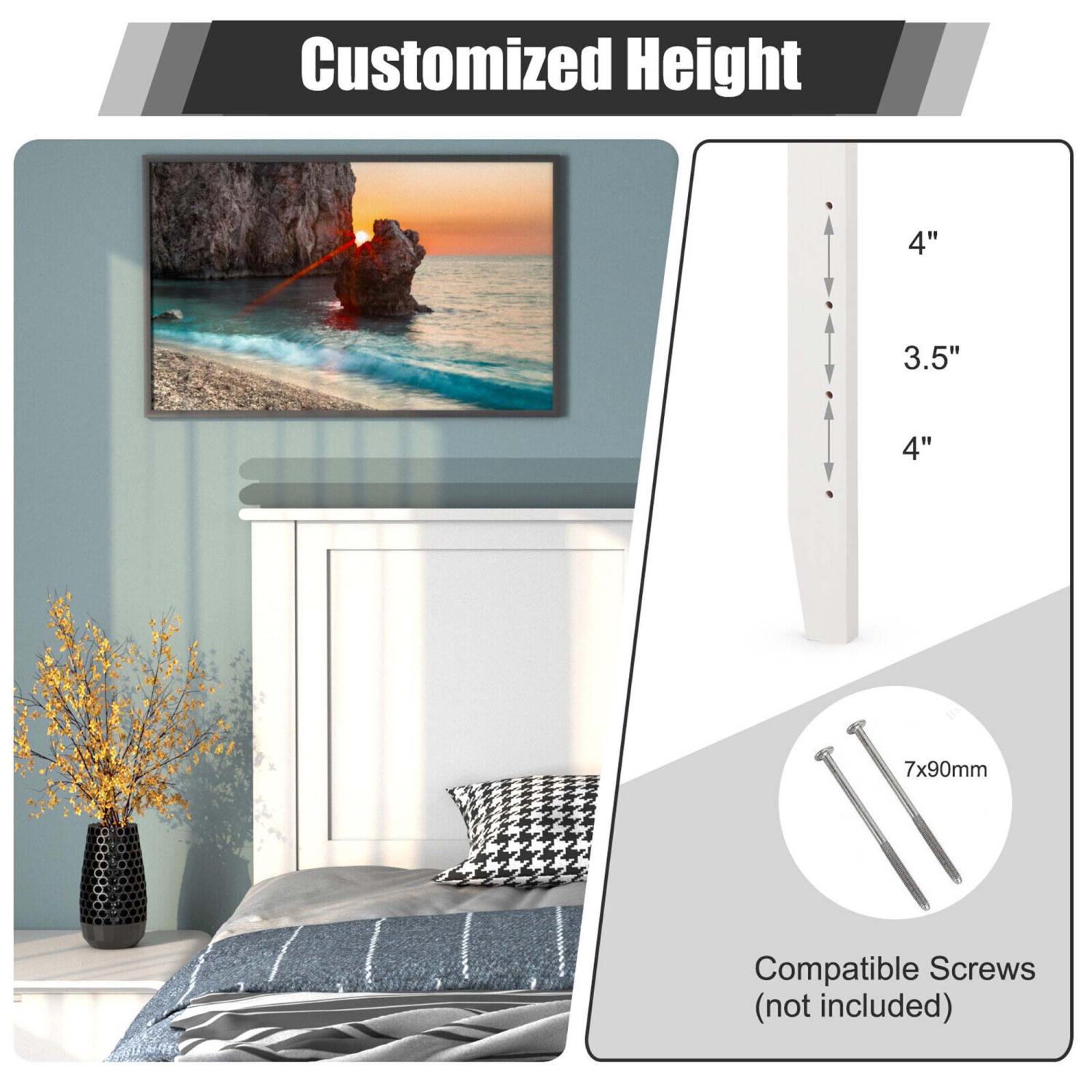 Gymax Twin Wood Headboard Flat Panel Pre-drilled Holes Height Adjustment