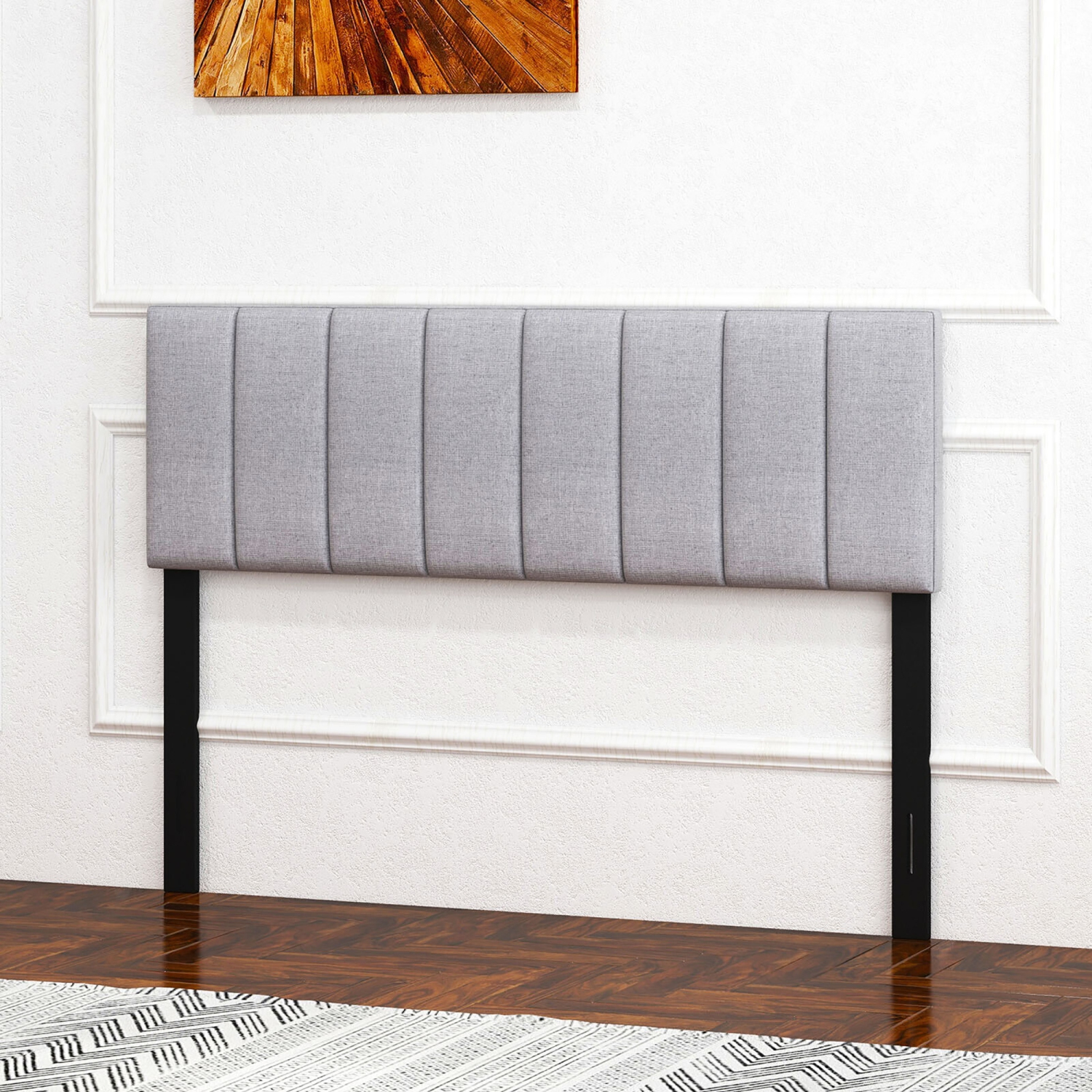 Gymax Linen Upholstered Headboard Vertical Channel Tufted Wood Leg for Full/Queen Gray