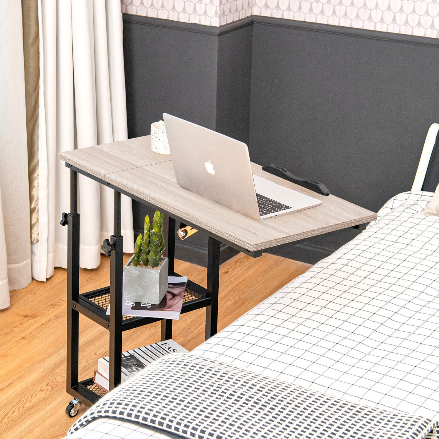 Gymax C Shaped Side Table with Wheels Height and Tabletop Adjustable Storage Shelf