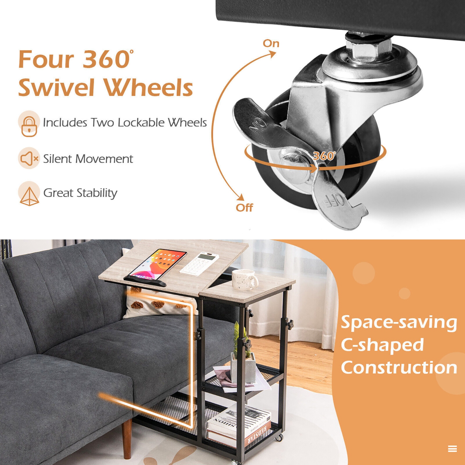 Gymax C Shaped Side Table with Wheels Height and Tabletop Adjustable Storage Shelf