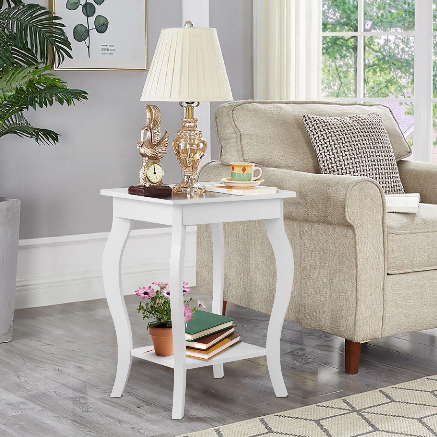 Gymax 2-Tier Accent Side Table Sofa End Table Nightstand Coffee Table w/ Shelf White