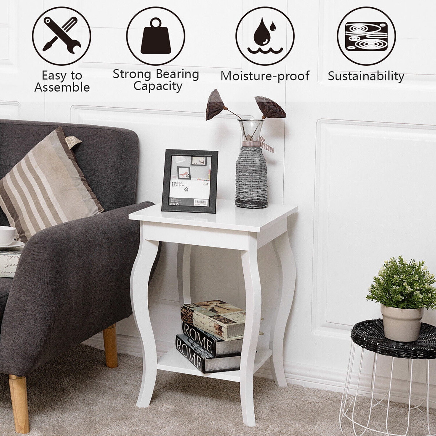 Gymax 2-Tier Accent Side Table Sofa End Table Nightstand Coffee Table w/ Shelf White