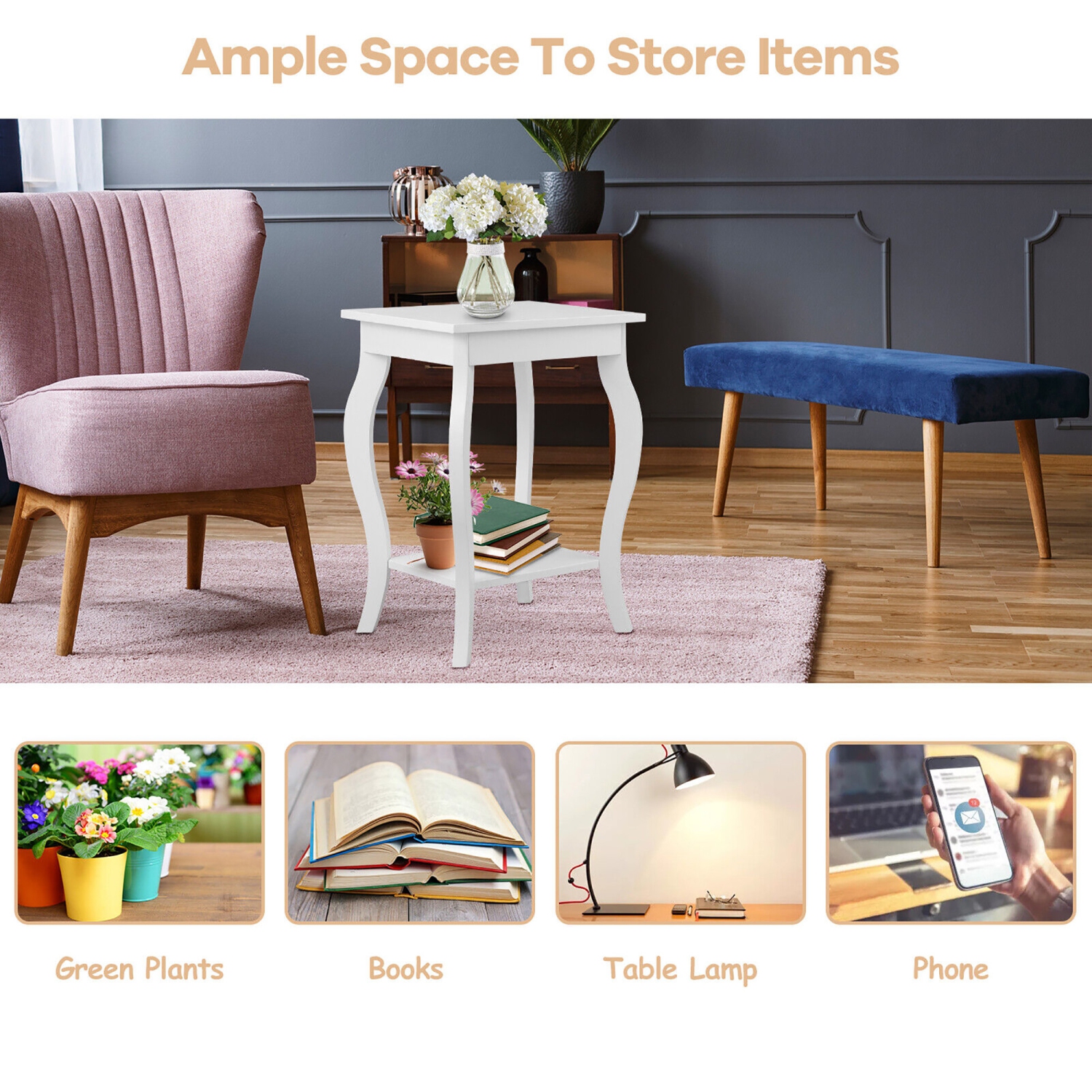 Gymax 2-Tier Accent Side Table Sofa End Table Nightstand Coffee Table w/ Shelf White