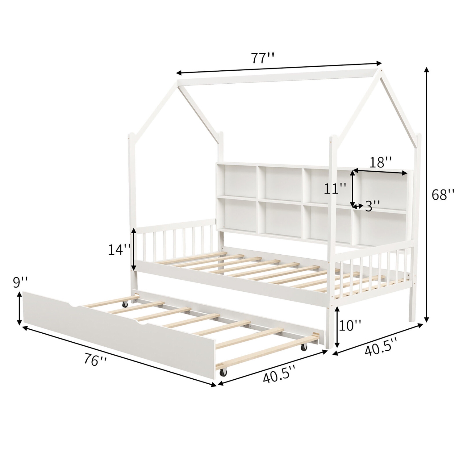 Gymax Twin House Daybed with Trundle Wooden Bed 8 Storage Shelf Compartments White