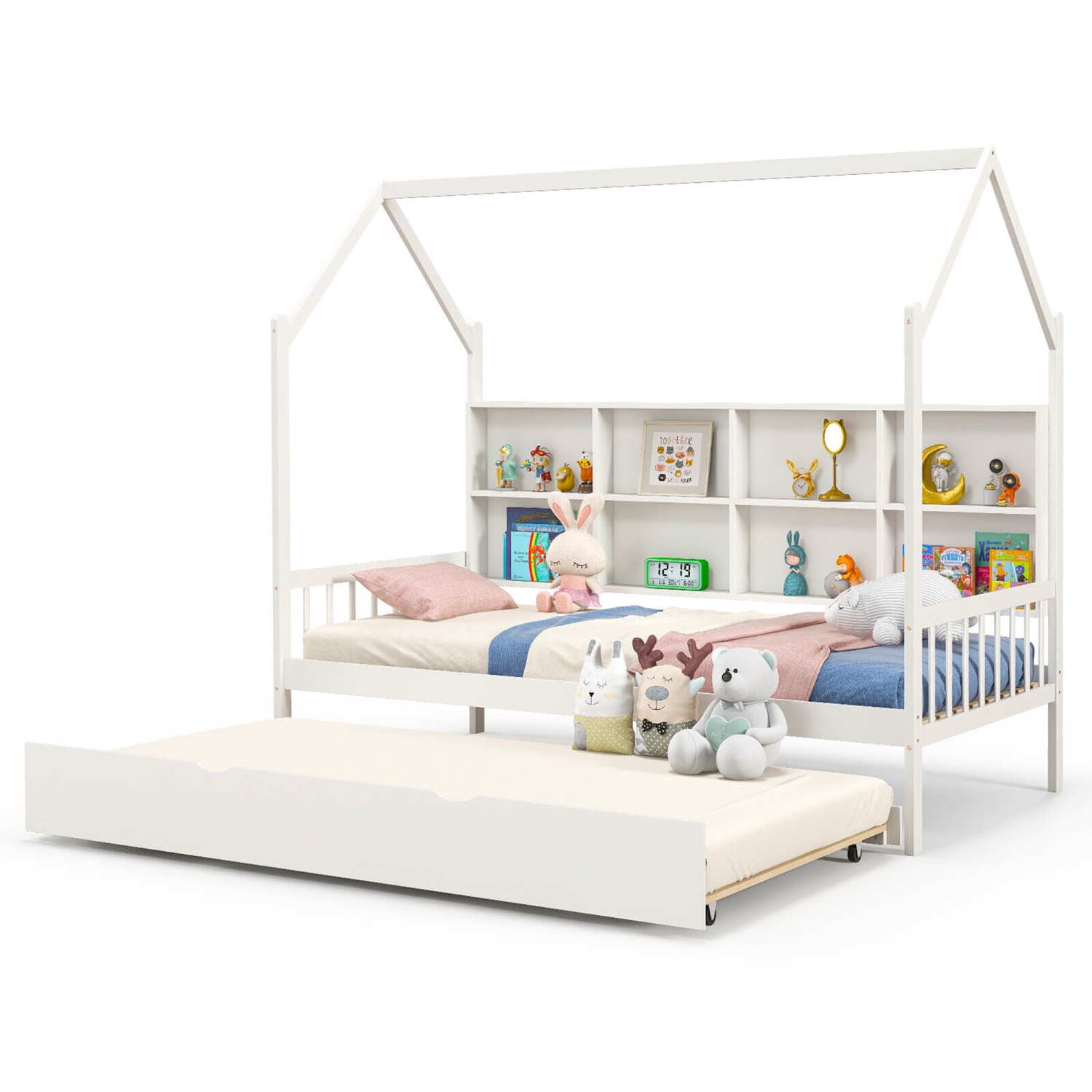 Gymax Twin House Daybed with Trundle Wooden Bed 8 Storage Shelf Compartments White