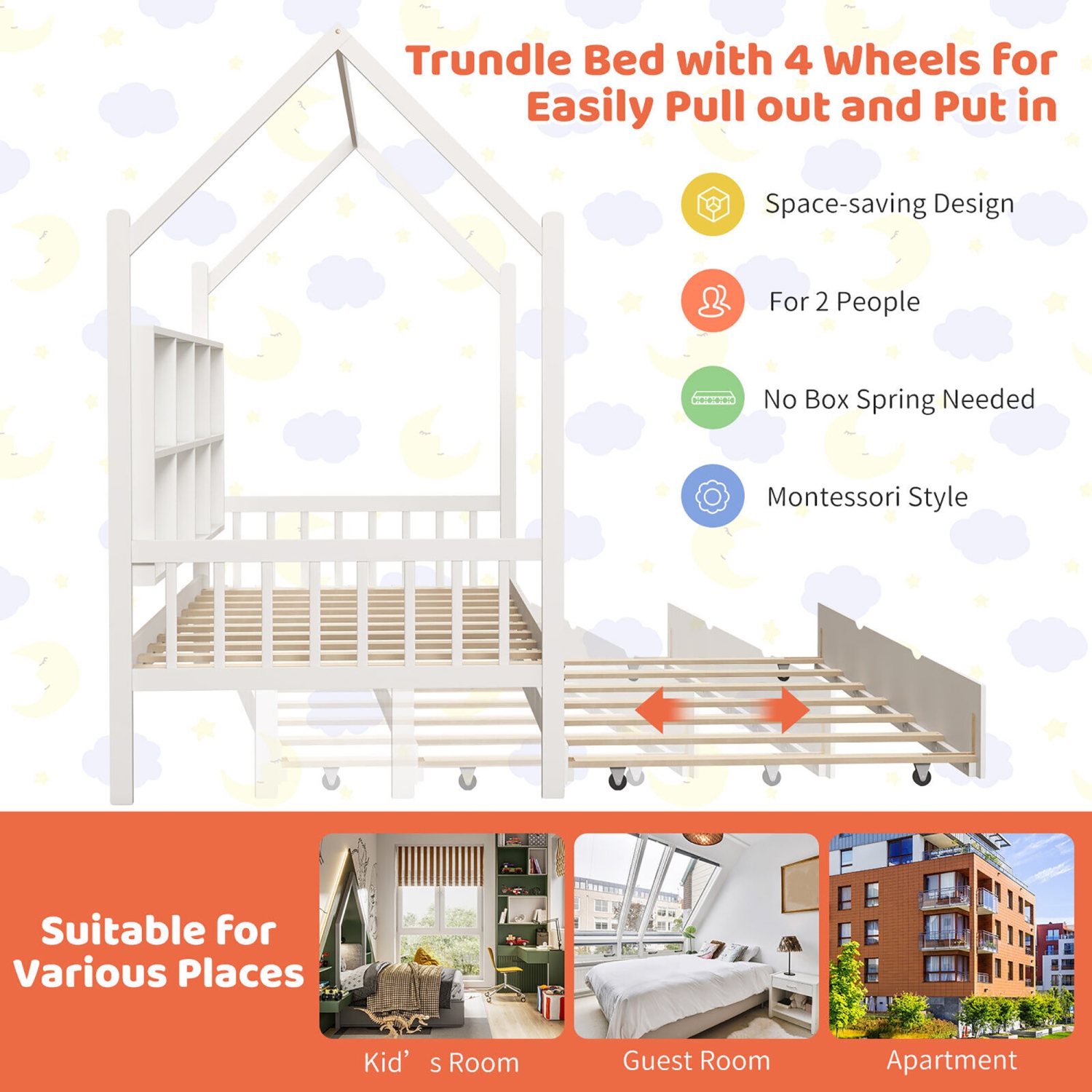 Gymax Twin House Daybed with Trundle Wooden Bed 8 Storage Shelf Compartments White