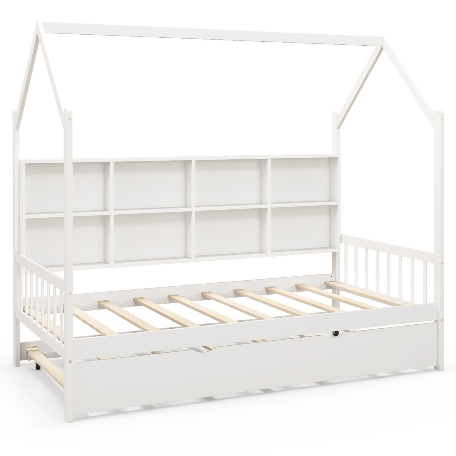 Gymax Twin House Daybed with Trundle Wooden Bed 8 Storage Shelf Compartments White