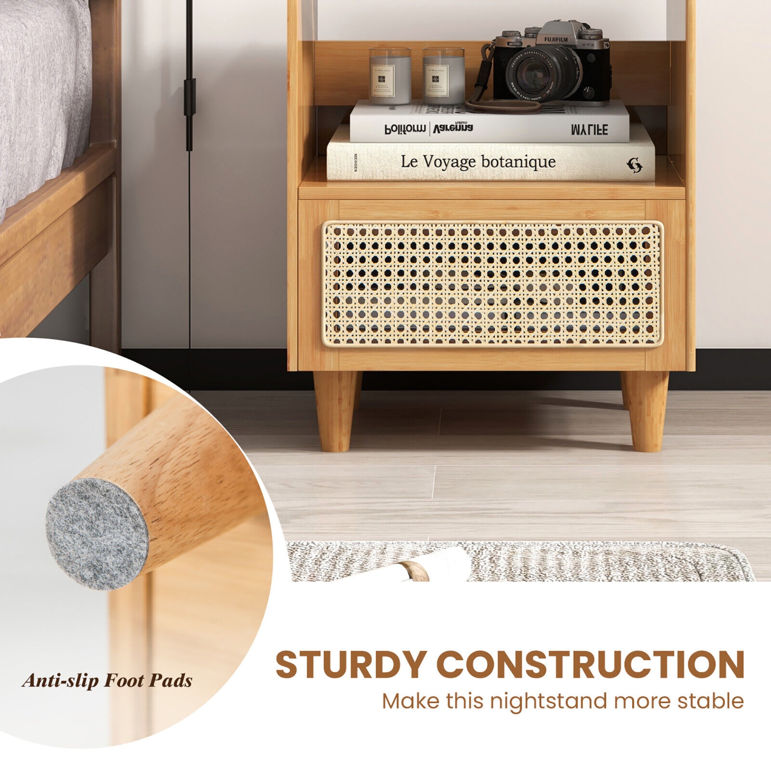 Gymax 2PCS Bamboo Rattan Nightstand Boho Bedside End Table w/ Drawer Wood Legs