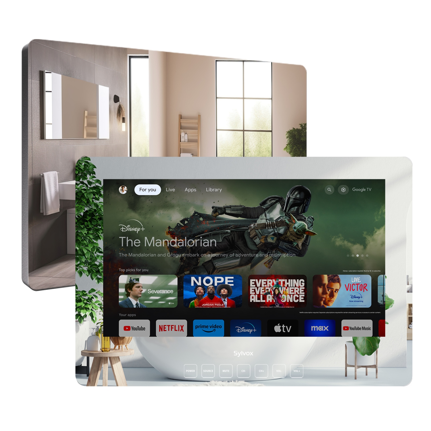 SYLVOX Bathroom TV, 32" Smart Mirror TV, Newest Google TV Support WiFi Bluetooth Google Assistant, 1080P HD TV, IP65 Waterproof TV for Bathroom Shower SPA(Wall Mount)