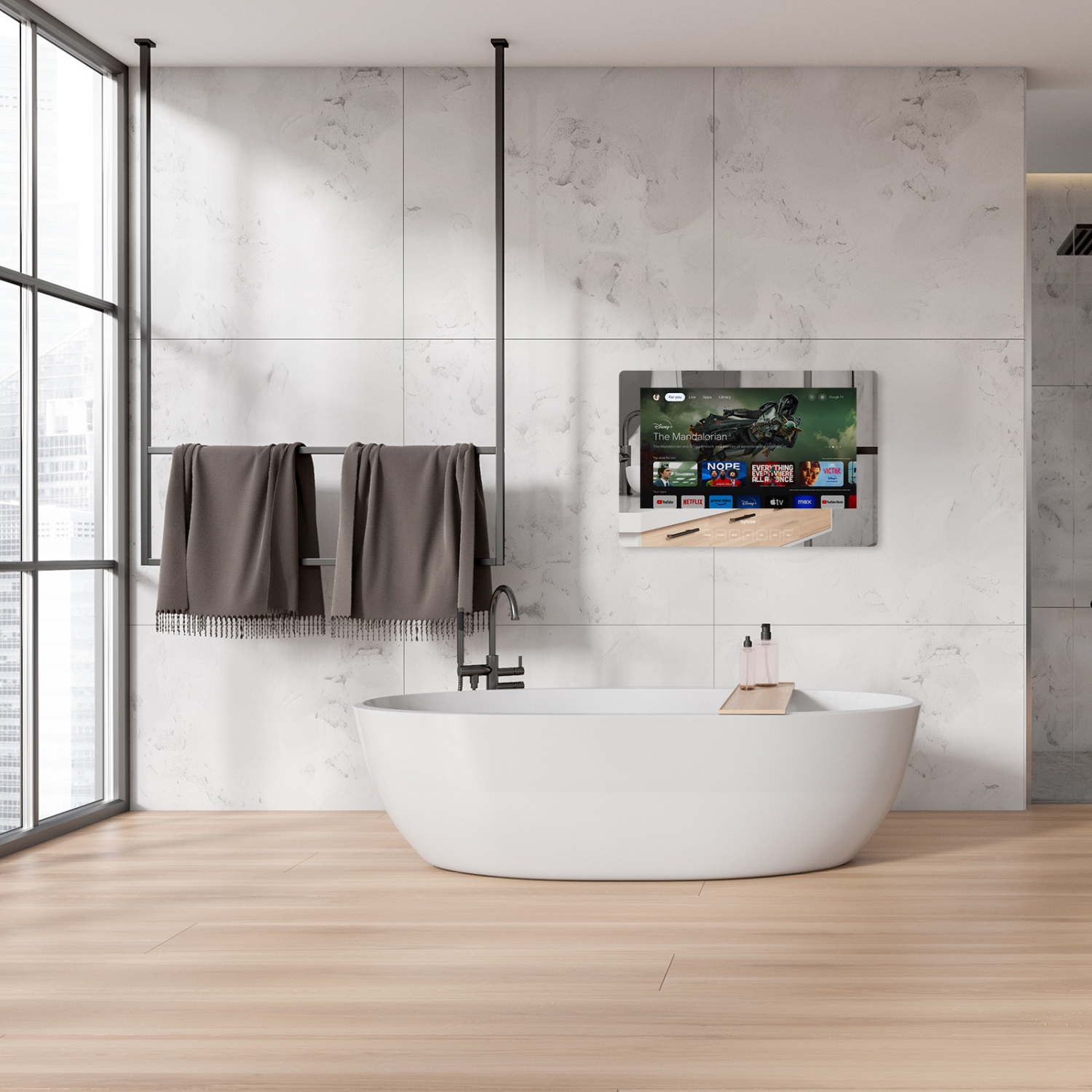 SYLVOX TV salle de bain, TV Smart Mirror 24", nouvelle Google TV Prise en charge WiFi Assistant Google Bluetooth, TV HD 1080P, TV étanche IP65 pour