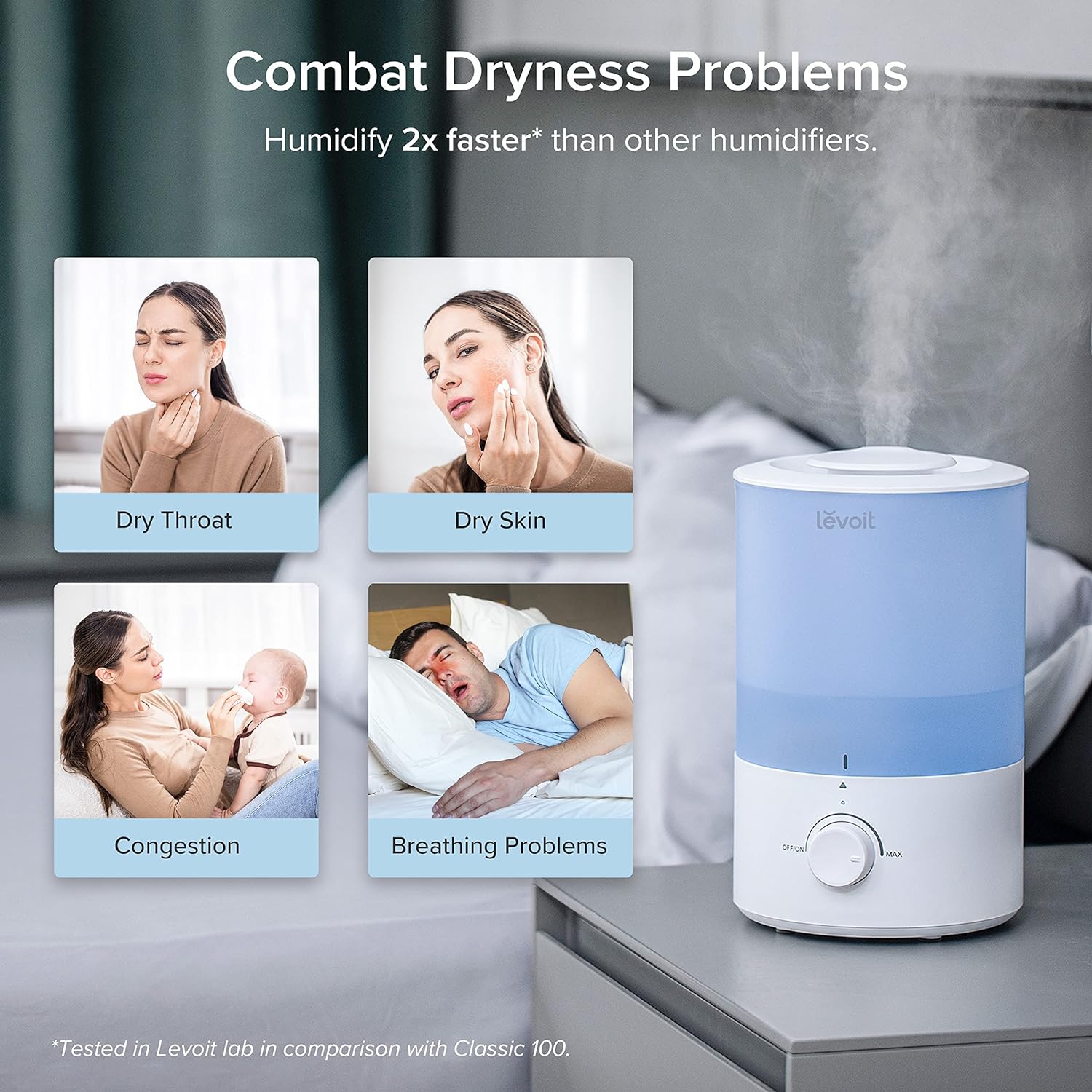 Levoit Humidifier for Bedroom Large Room, 3L Cool Mist Top Fill Quiet Humidifier for Baby Nursery and Plants, 360° Nozzle, Rapid Humidification for