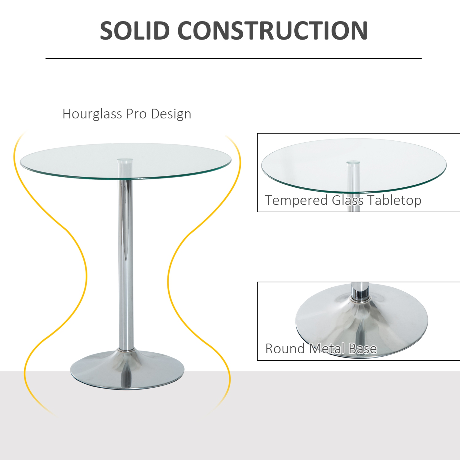 HOMCOM Round Dining Table for 2, Modern Kitchen Table with Tempered Glass Top and Steel Base for Living Room, Dining Room, Silver
