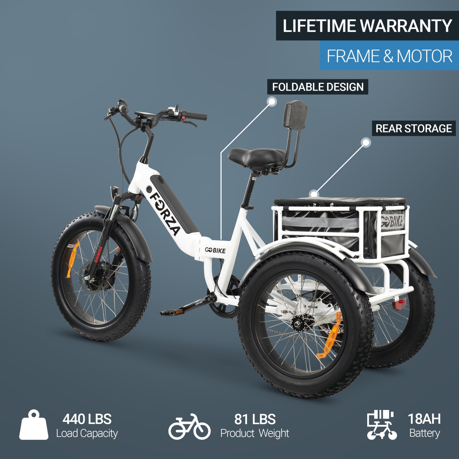 FORZA eBike | tricycle électrique pliable compact à batterie double 500 W - Blanc