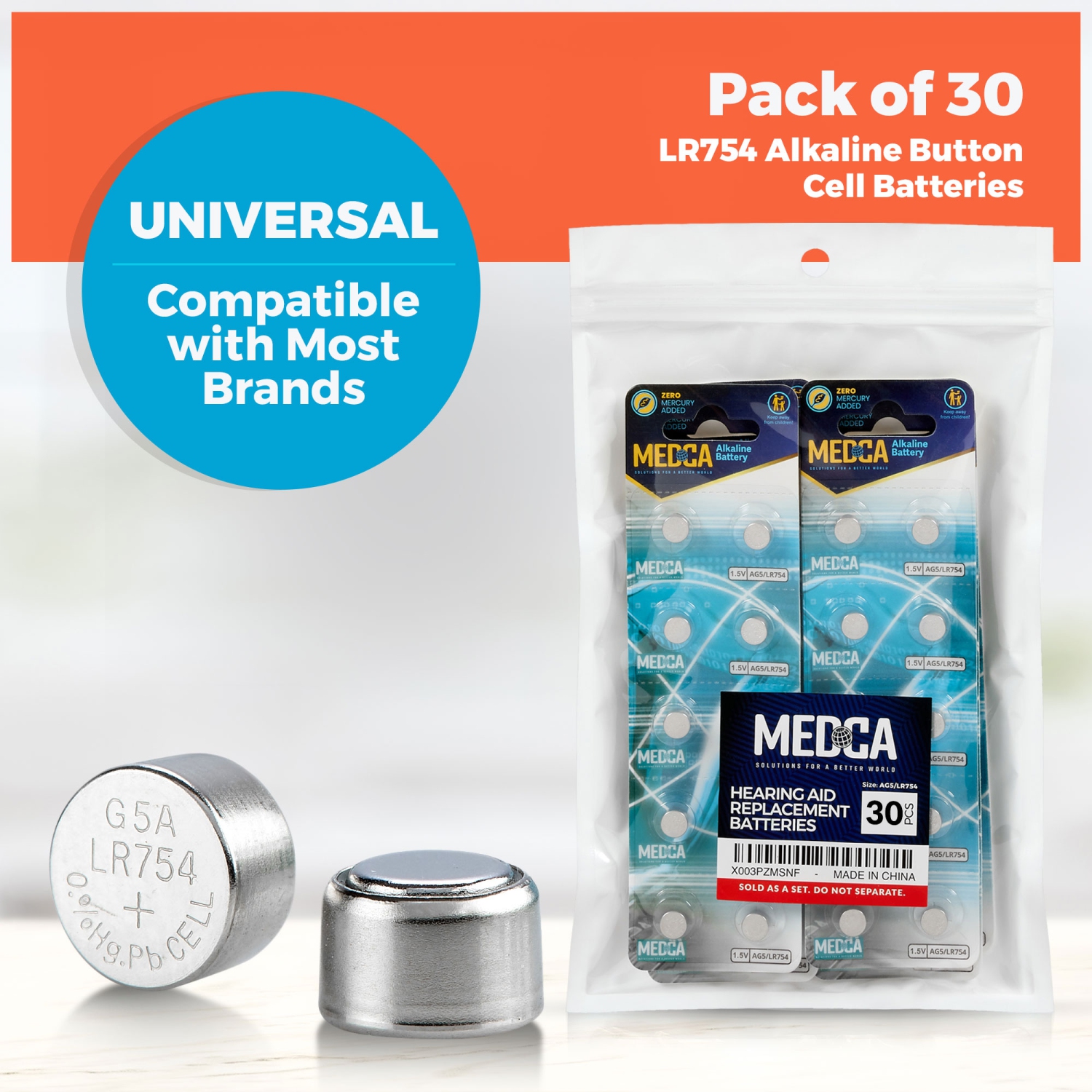 MEDca AG5 LR754 Batteries - 30 Count Pack - 1.5V Alkaline 754 LR48 193 Battery Button Coin Cell Batteries for Hearing Aids and Hearing Amplifiers