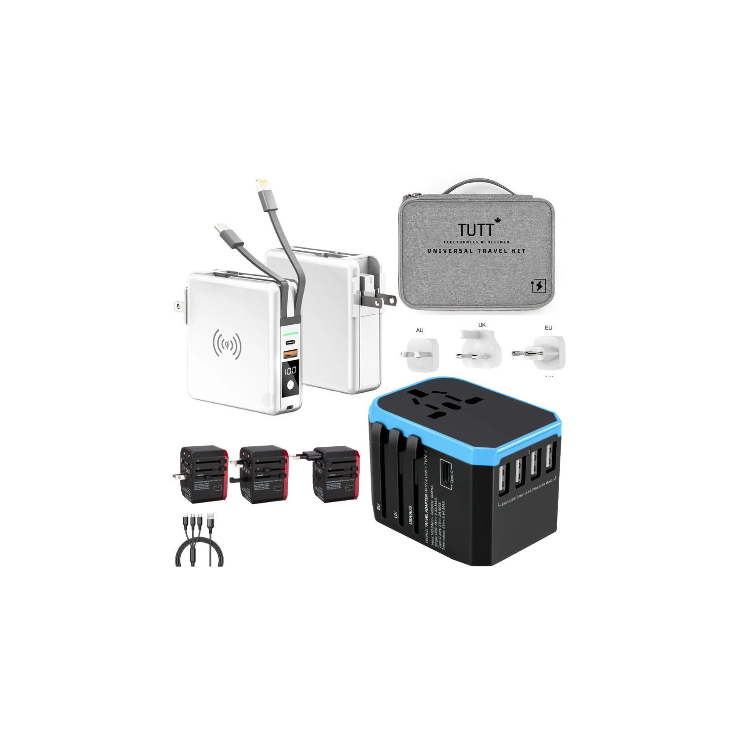 TUTT Ultimate Travel Adapter & Charging Kit | 10000mah Power Bank | 3 Global Plugs | Universal Travel Adapter | Wireless Charging 3 in 1 Multi Cable |Carrying Bag EU,UK,USA,AUS