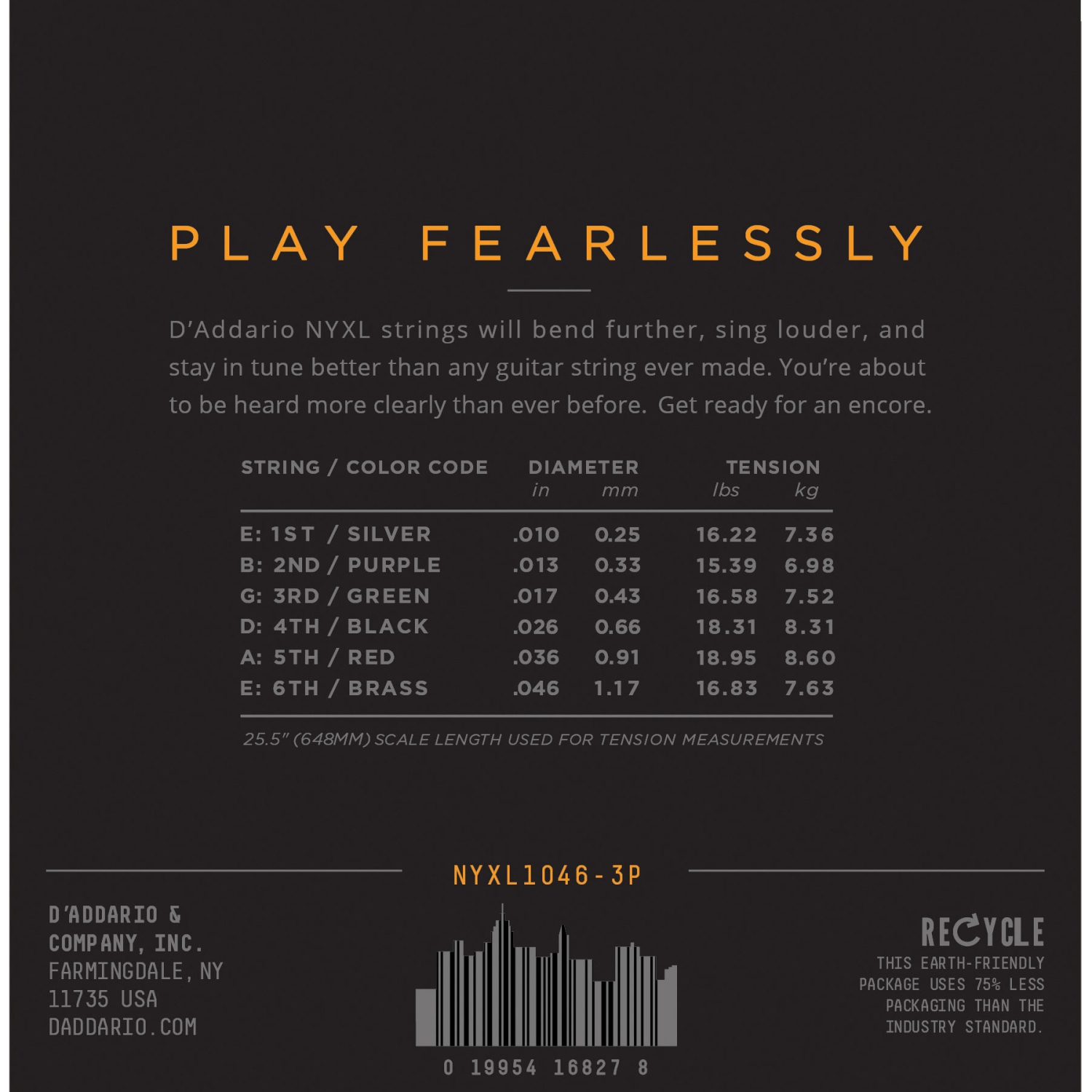 Cordes de guitare électrique NYXL d'Addario - 10-46 ensembles de 3 lumières ordinaires