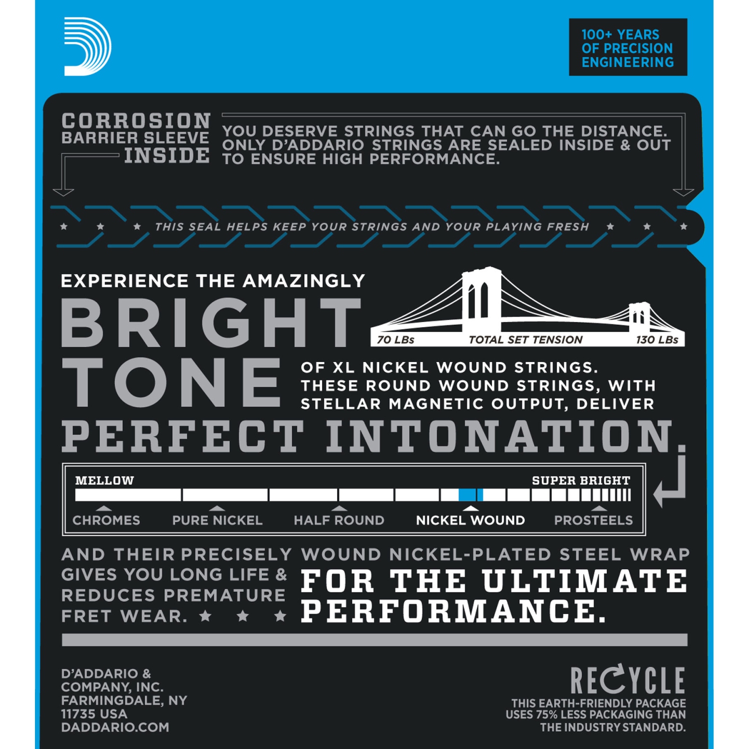 Cordes de guitare électrique bobinées en nickel EXL110 XL d'Addario - lumière régulière 10-46