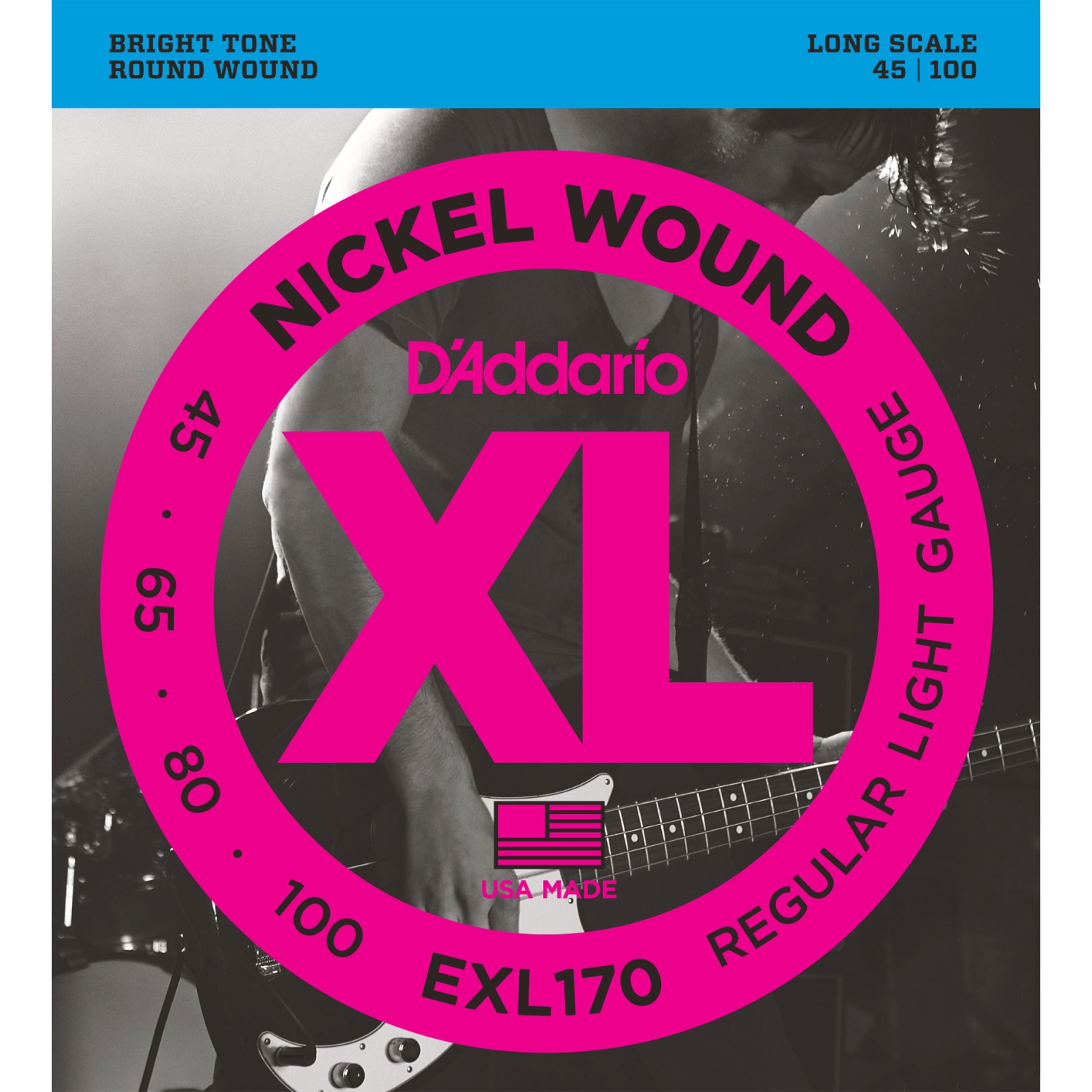 Cordes de guitare basse en nickel bobinées EXL170 XL d'Addario - léger/long 45-100
