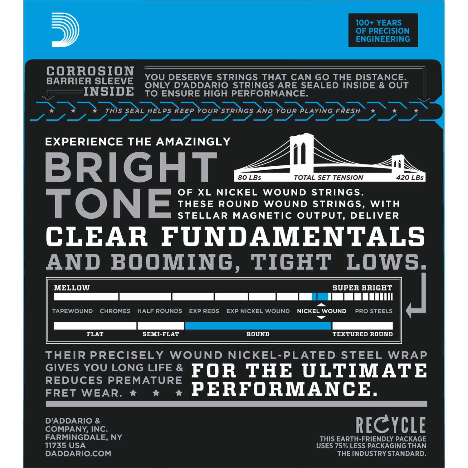 Cordes de guitare basse en nickel bobinées EXL170 XL d'Addario - léger/long 45-100