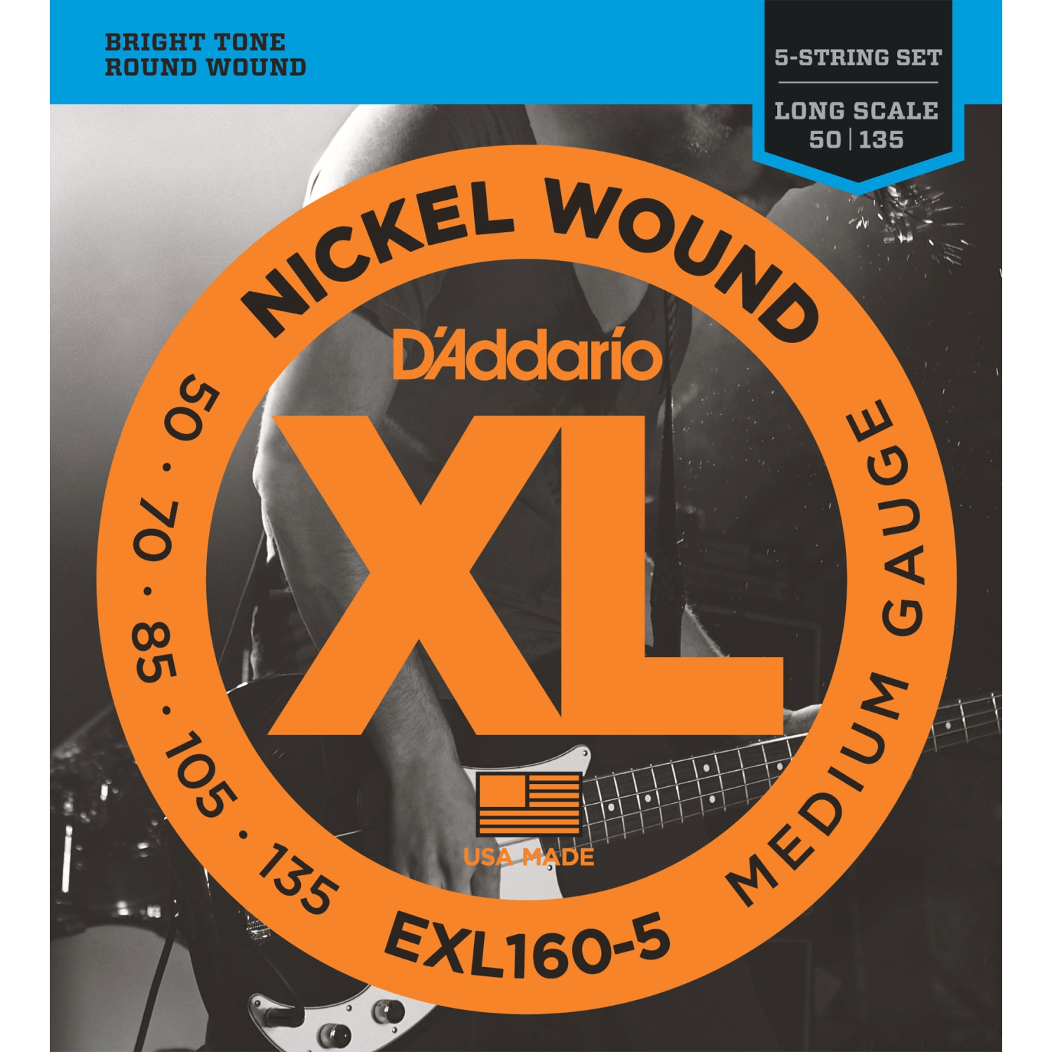 Cordes de guitare basse à 5 cordes en nickel EXL160-5 XL d'Addario - long/moyen 50-135