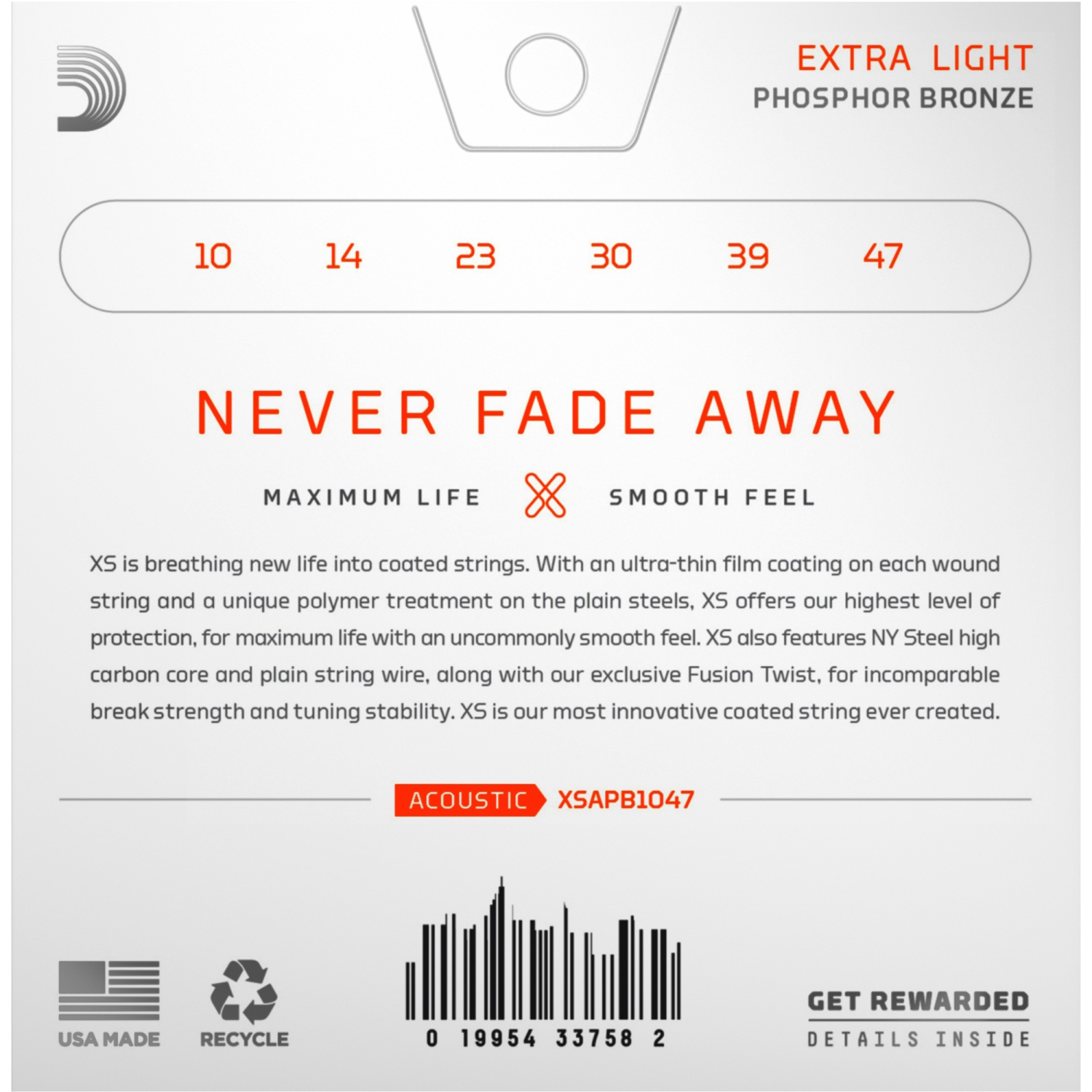 D'Addario XS Phosphor Bronze Acoustic Guitar Strings - Extra Light 10-47