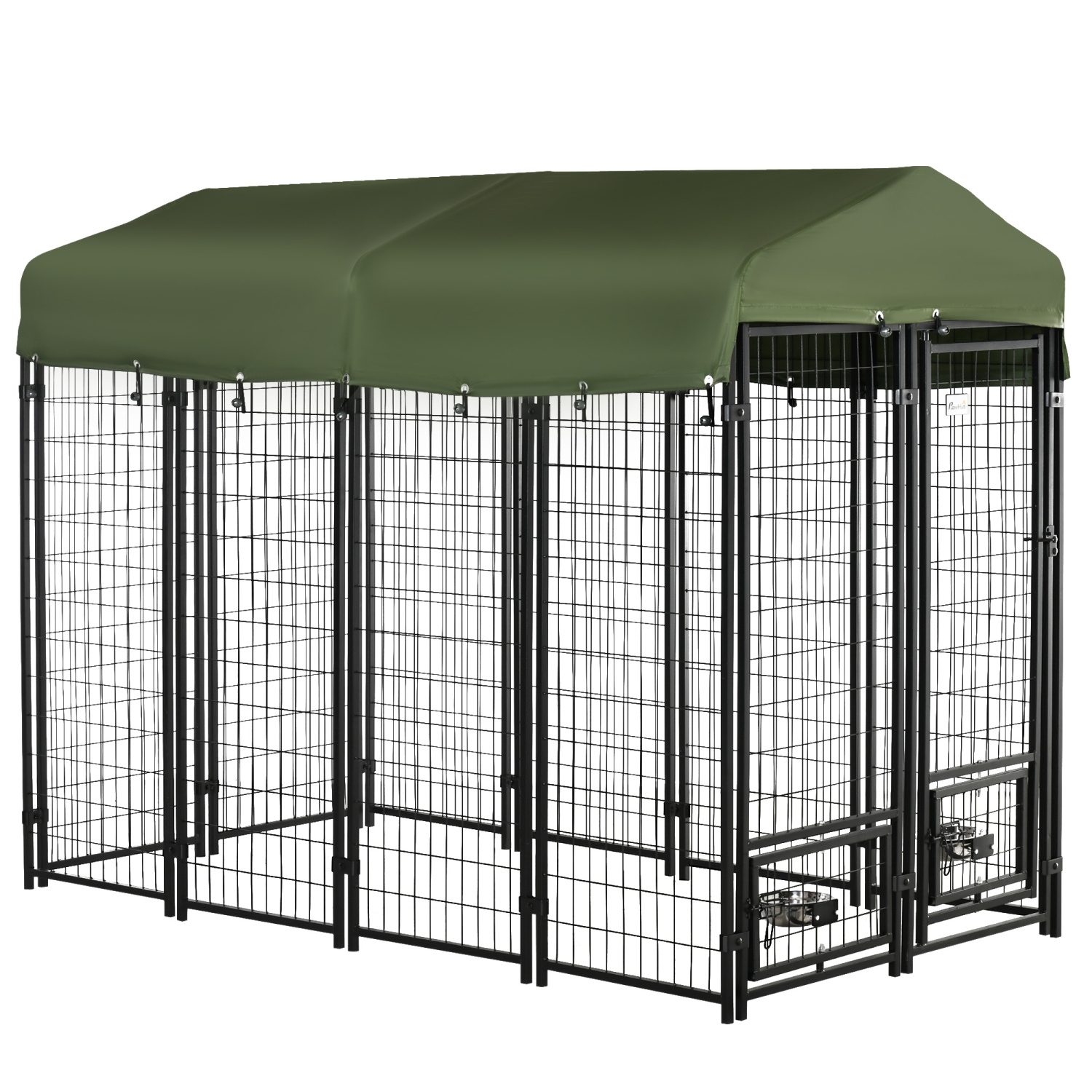 PawHut Outdoor Dog Kennel, Run, Large Wire Steel Fence, Lockable Pet Playpen Enclosure, with Water-, UV-Resistant Canopy Top, Door, Rotating Bowl