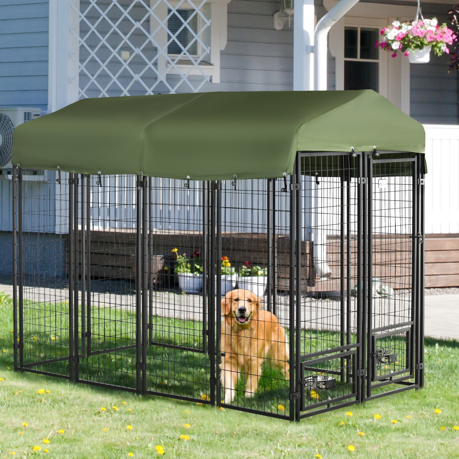 PawHut Outdoor Dog Kennel, Run, Large Wire Steel Fence, Lockable Pet Playpen Enclosure, with Water-, UV-Resistant Canopy Top, Door, Rotating Bowl